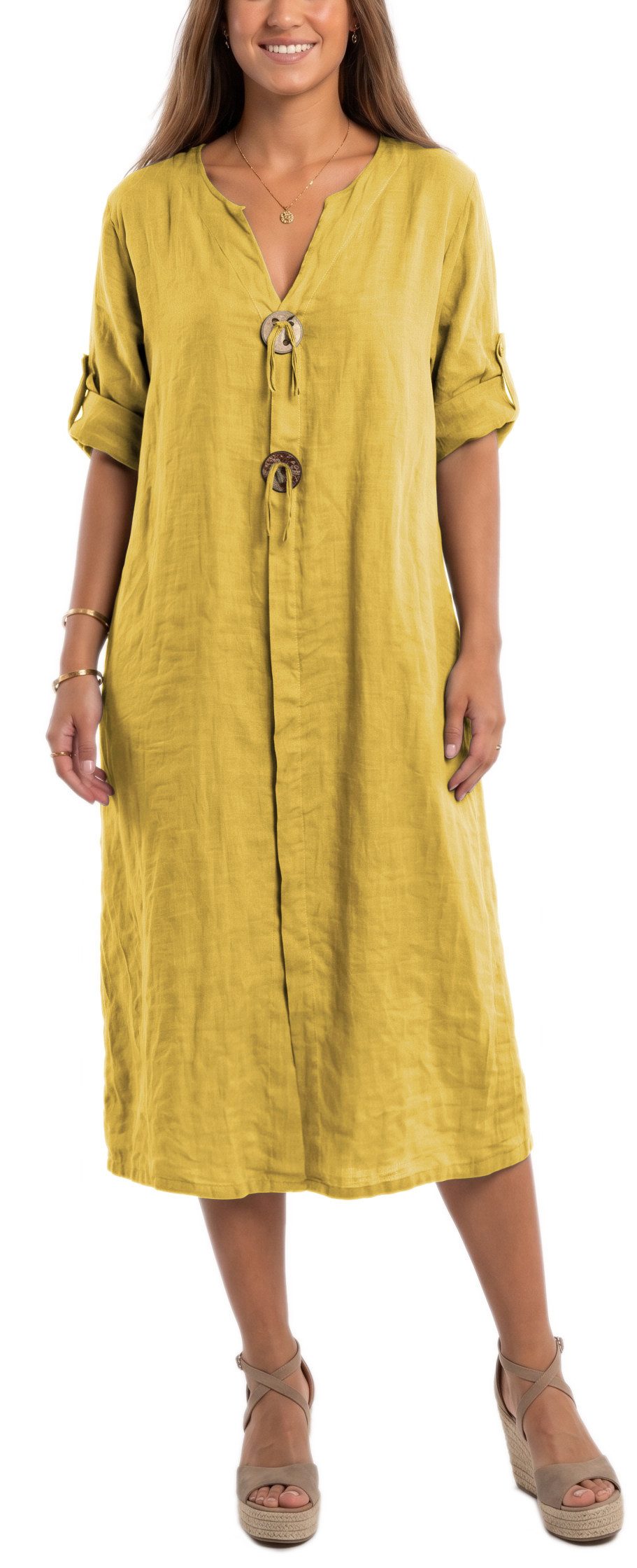 dy_mode Hemdblusenkleid Damen Leinenkleid Midi Hemdblusenkleid mit V-Ausschnitt Freizeitkleid in Unifarbe, V-Ausschnitt, mit seitlichen Eingriffstaschen