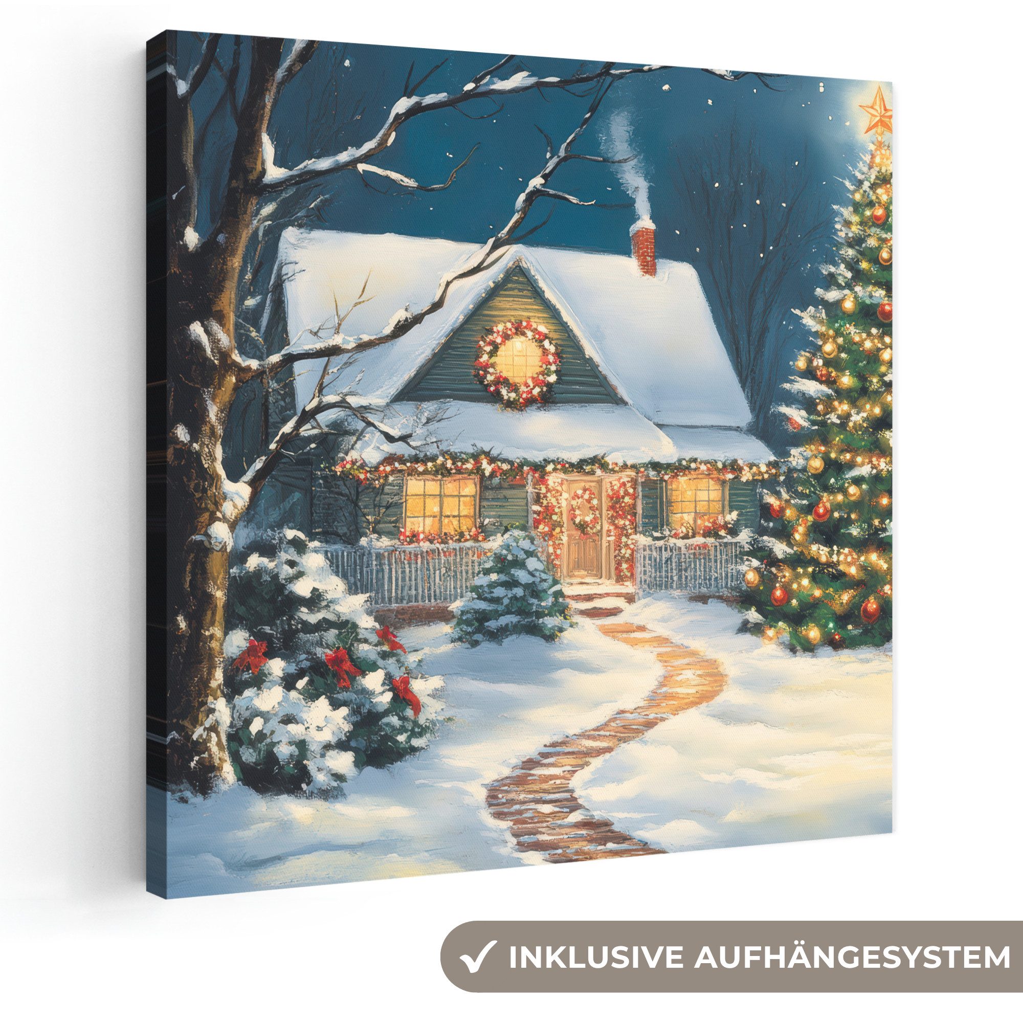 OneMillionCanvasses® Leinwandbild Weihnachten - Weihnachtsbaum - Winter - Zuhause - Schnee, Fotodruck (1 St), Wandbild, Deko Schlafzimmer Wohnzimmer Flur 20x20 cm