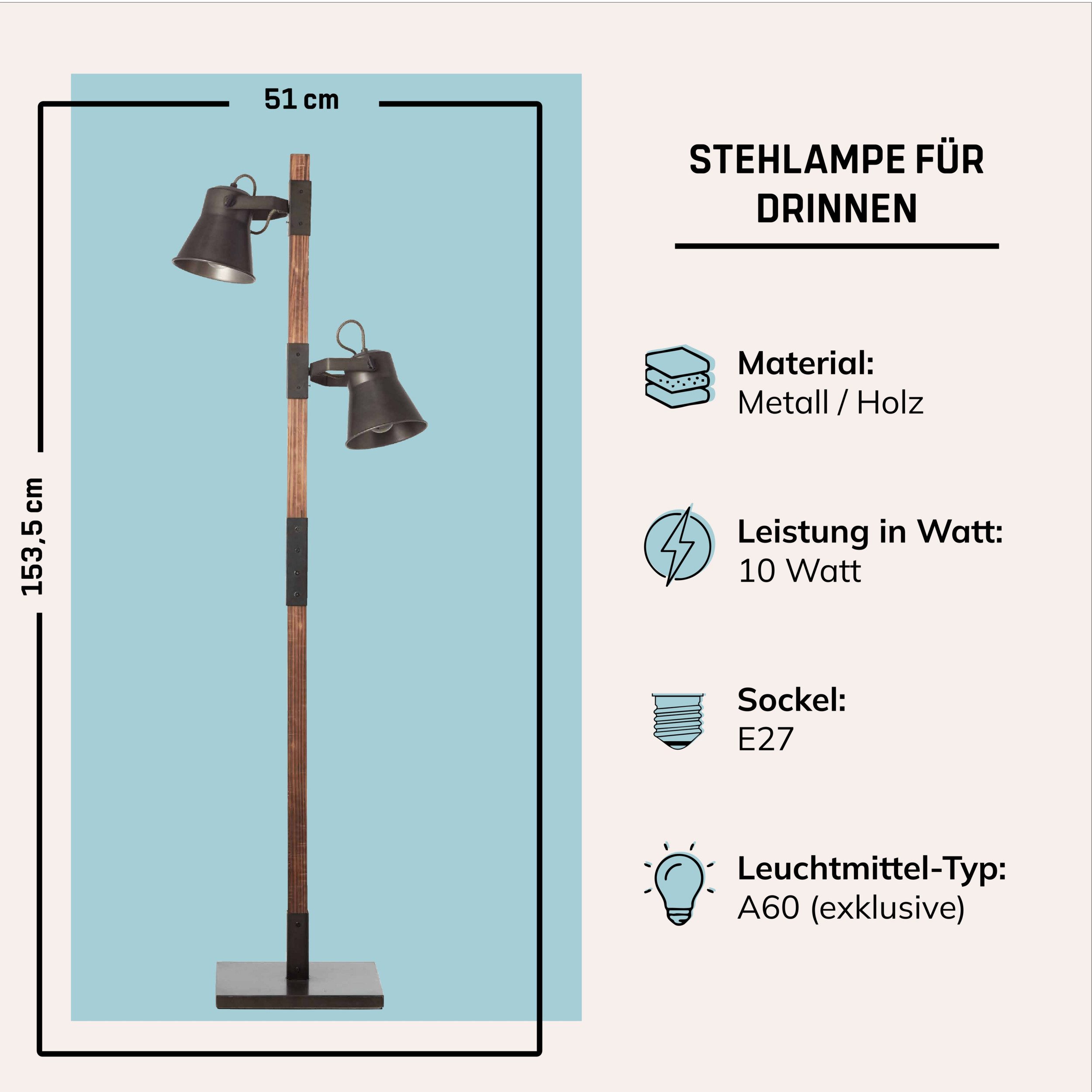 Lightbox Stehlampe, ohne Leuchtmittel, Schwarze rustikale Stehleuchte, 2-flammig, 2x E27 Fassung max. 10 Watt