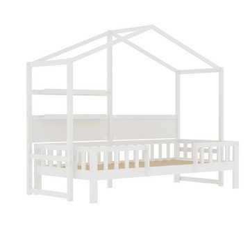 MODFU Kinderbett Holzbett, mit lustigem Dach und Sicherheitszaun (Schlafsofa 90 x 200 cm), ohne Matratze