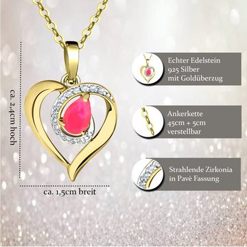 Limana Herzkette echter äthiopischer Opal pink Silber 925 Gold Kette mit Herz-Anhänger (inkl. Herz Geschenkdose und Tasche), 45-50cm Damengeschenk Liebe Geschenk Idee Goldkette Edelsteinschmuck