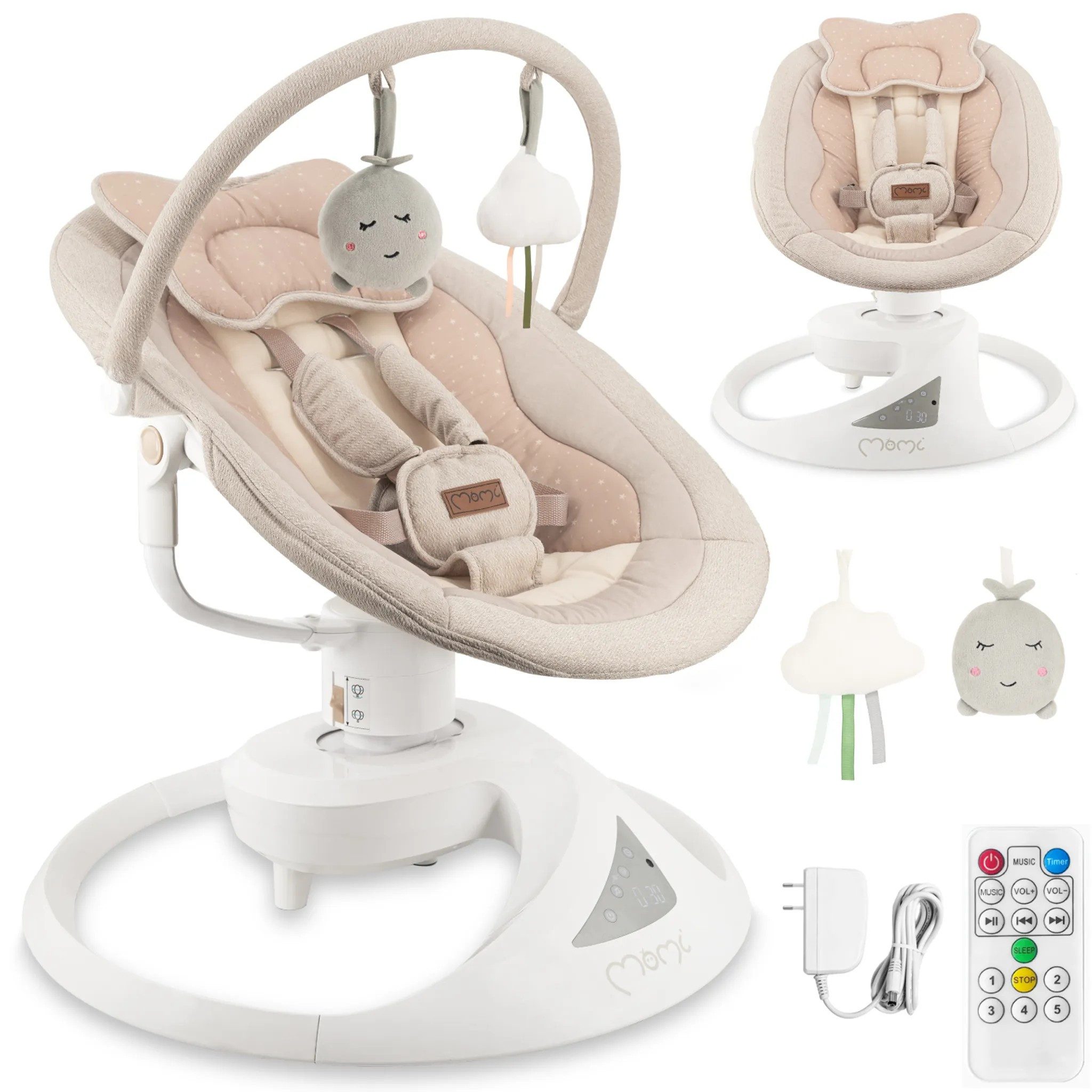 MoMi Babyschaukel PEARL Babywippe mit Bluetooth, 360° Sitzdrehung, 2 Modi in Beige, 360° drehbarer Sitz, Bluetooth-Musikwiedergabe, 2 Schaukelmodi