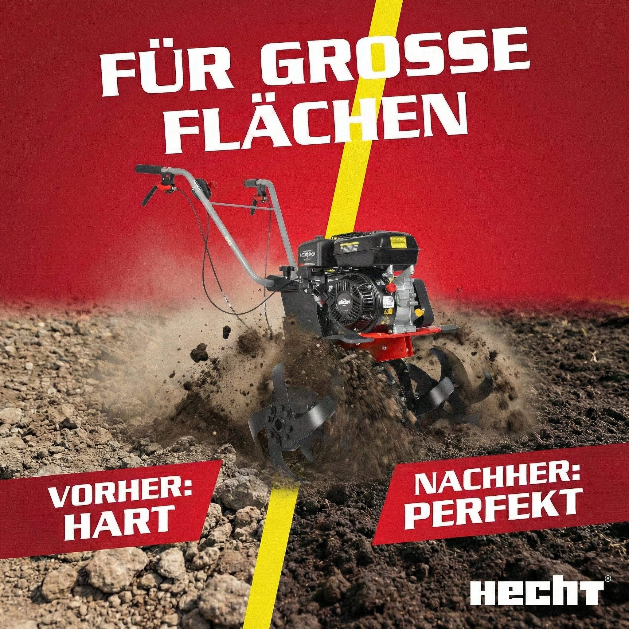 Hecht Benzinmotorhacke mit Briggs & Stratton Motor 6,5 PS Gartenfräse Bodenhacke Gartenhacke, 84 cm Arbeitsbreite, 208 cm³