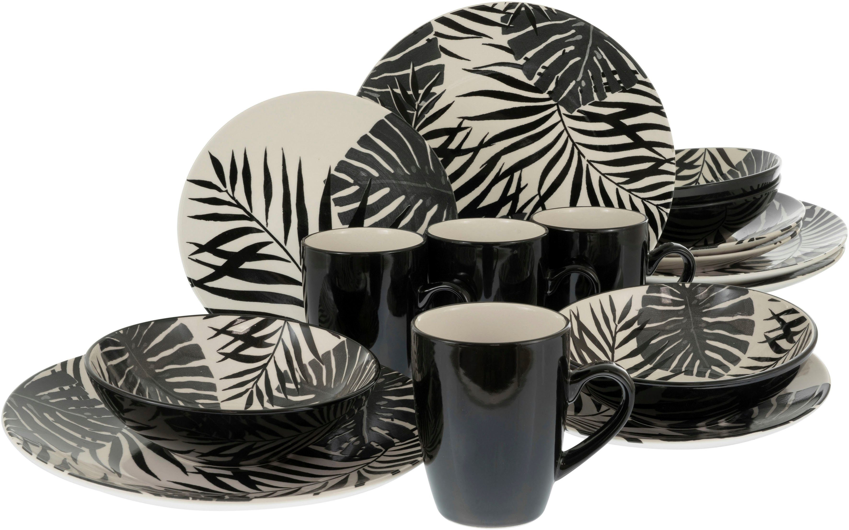 CreaTable Kombiservice Tropicana (16-tlg), 4 Personen, Steinzeug, vollflächiger tropischer Blätter Dekor