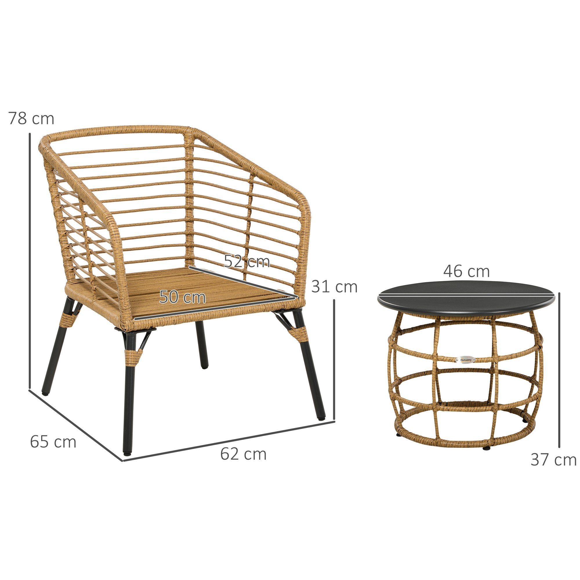 Outsunny Sitzgruppe 3-teiliges Bistro-Set, wetterbeständig, Stühlen mit (Set, 3-tlg., Gartenmöbel-Set), Tisch Rattan 2