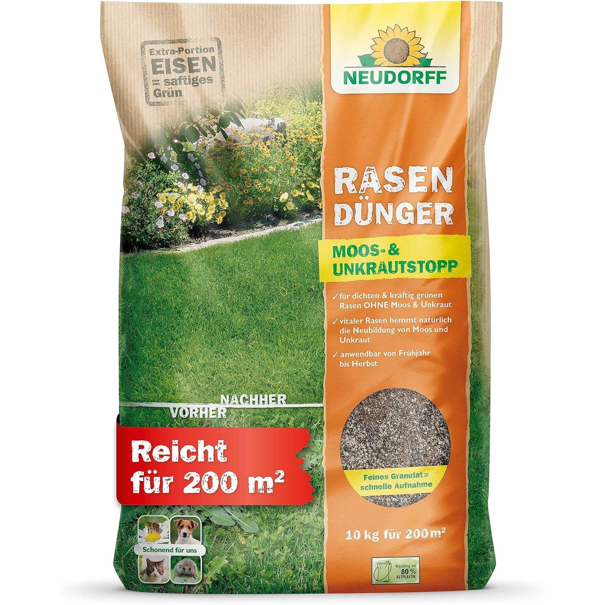 Neudorff Rasendünger RasenDünger Moos- & UnkrautStopp, 10 kg, Verdrängt dauerhaft Unkraut und Moos
