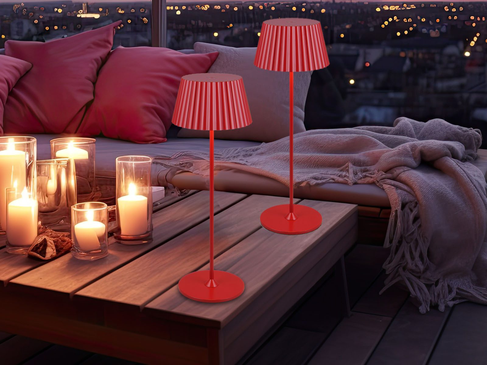 Reality Leuchten LED Außen-Tischleuchte, Dimmfunktion, LED fest integriert, Warmweiß, 2er SET Outdoor USB Lampen Rot, kabellos mit Akku & Ladestation, H39cm