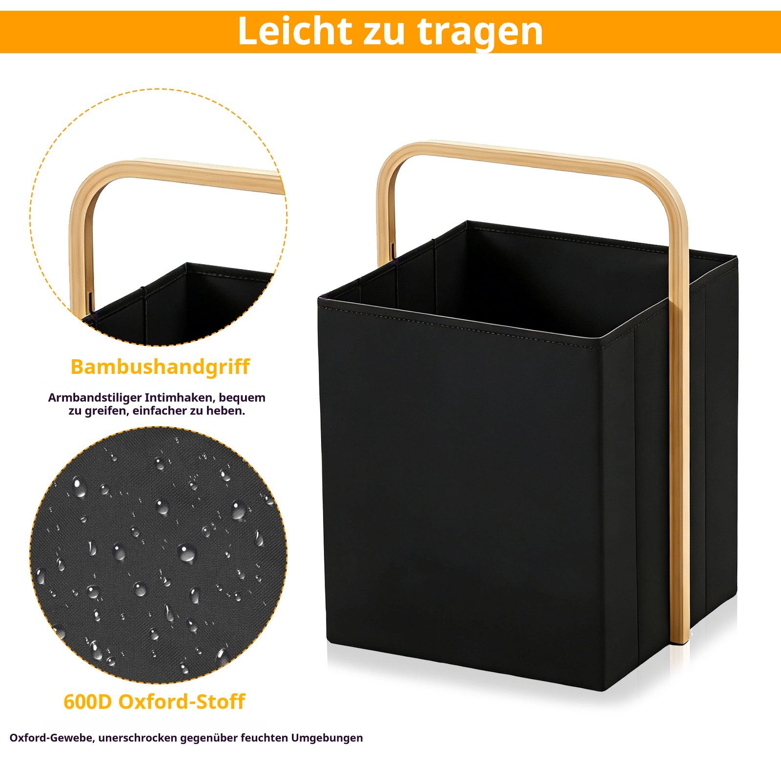 BlingBin Wäschekorb Einkaufskorb Faltbarer mit Henkel Wäschesammler aus Oxford und Bambus (1 Stück, 1 St., 40 × 30 × 35 cm,Fassungsvermögen: 42 Liter), für Schlafzimmer & Badezimmer, Wäschewanne Laundry Storage Baskets