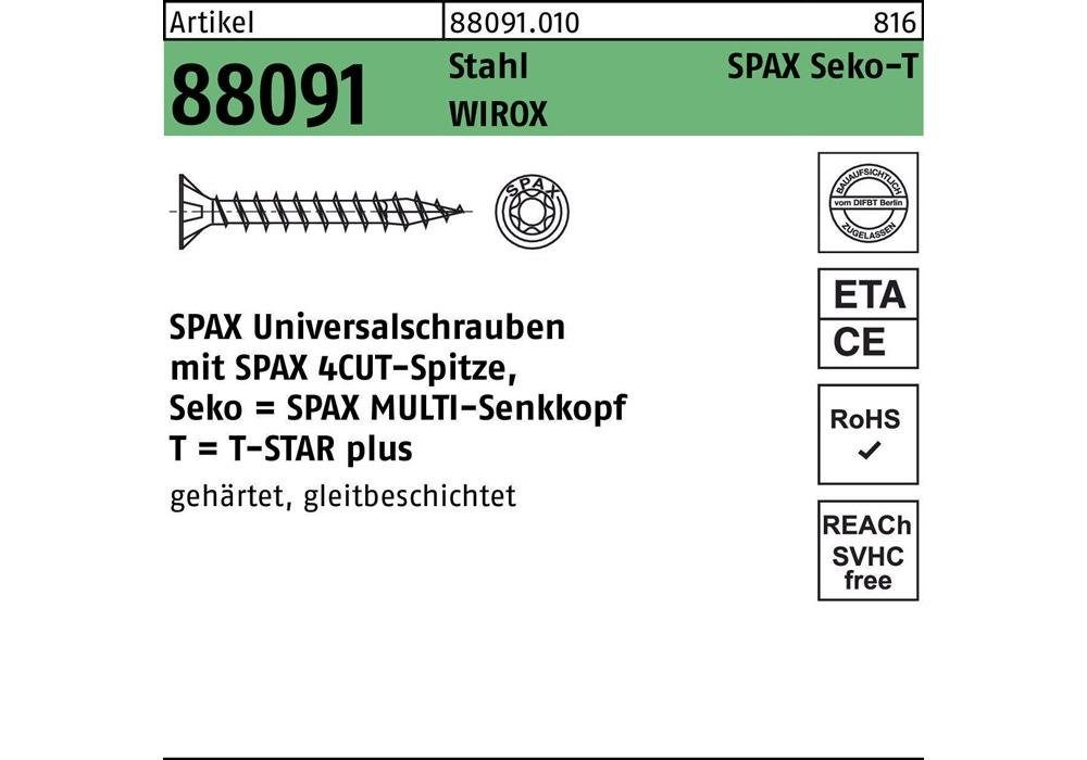 4,5 Schraube 25/21-T20 R Senkkopf/T-STAR 88091 x SPAX Senkschraube Stahl WIROX