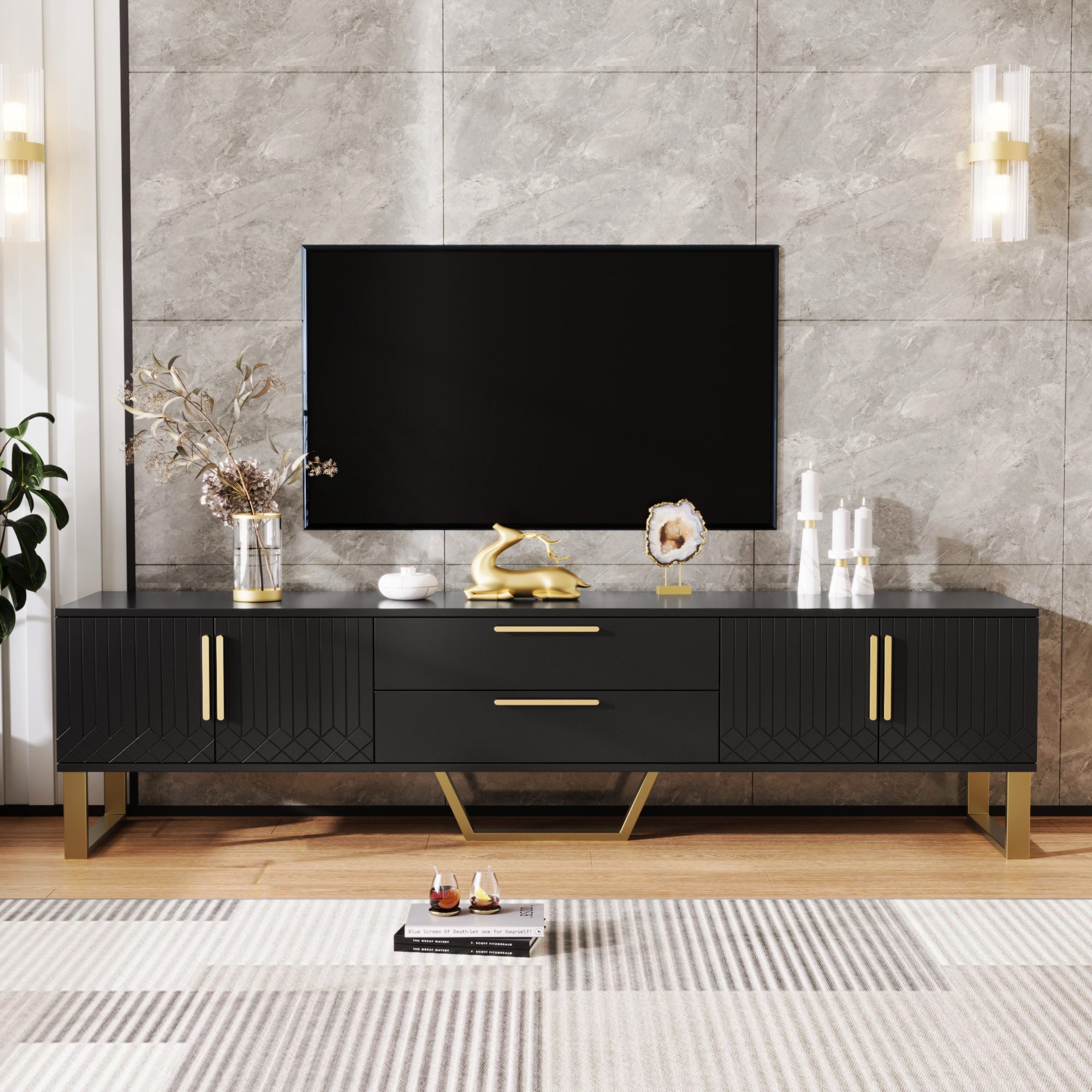 REDOM TV-Schrank Hochglänzender TV Schrank (Hochglänzender TV Schrank, goldene Griffe und Füße) Tür mit gravierter Textur, Aufbewahrungslösung für das Wohnzimmer