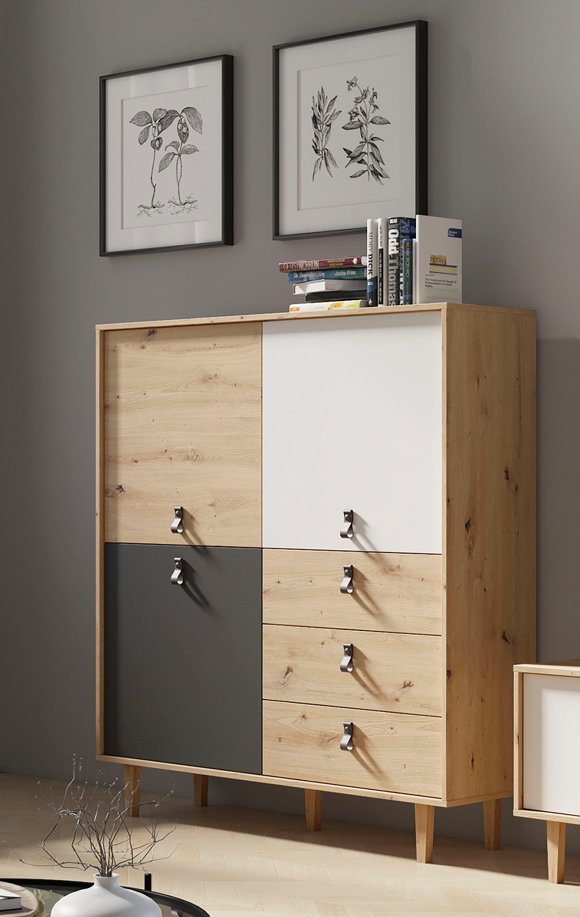 byLIVING Highboard Bill, Breite 120 cm, Höhe 135 cm, Füße aus Eiche Massivholz