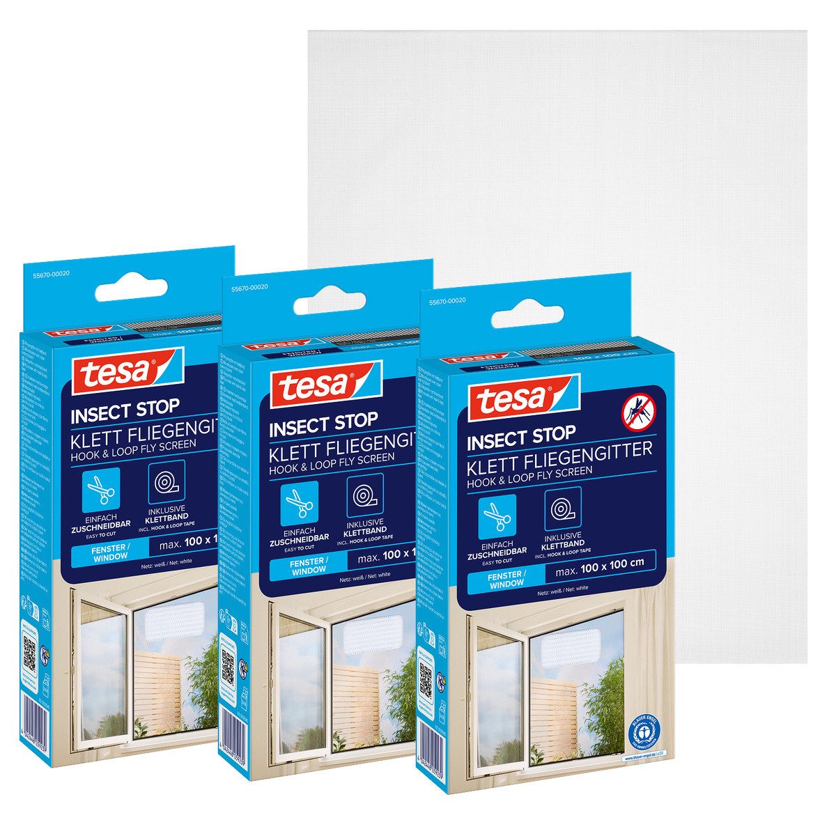 tesa Fliegengitter-Gewebe für Fenster - Insektenschutz - 100 x 100 cm, (Packung, 3-St., Fliegennetz, Klettband), mit Klettband, zuschneidbar - Mückenschutz ohne Bohren