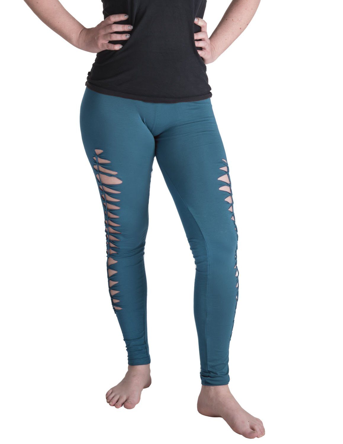 Vishes Leggings Geknüpfte Cutwork Leggings aus Baumwolle mit Streifen Goa, Yoga, Ethno Style türkis