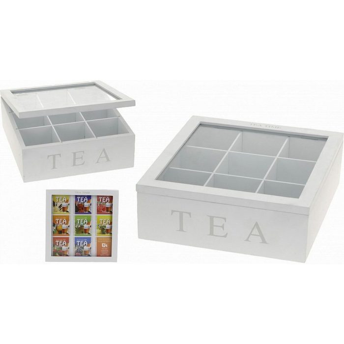 Koopman Teebox C120 Holz 9 Fächer Glas Deckel Weiß