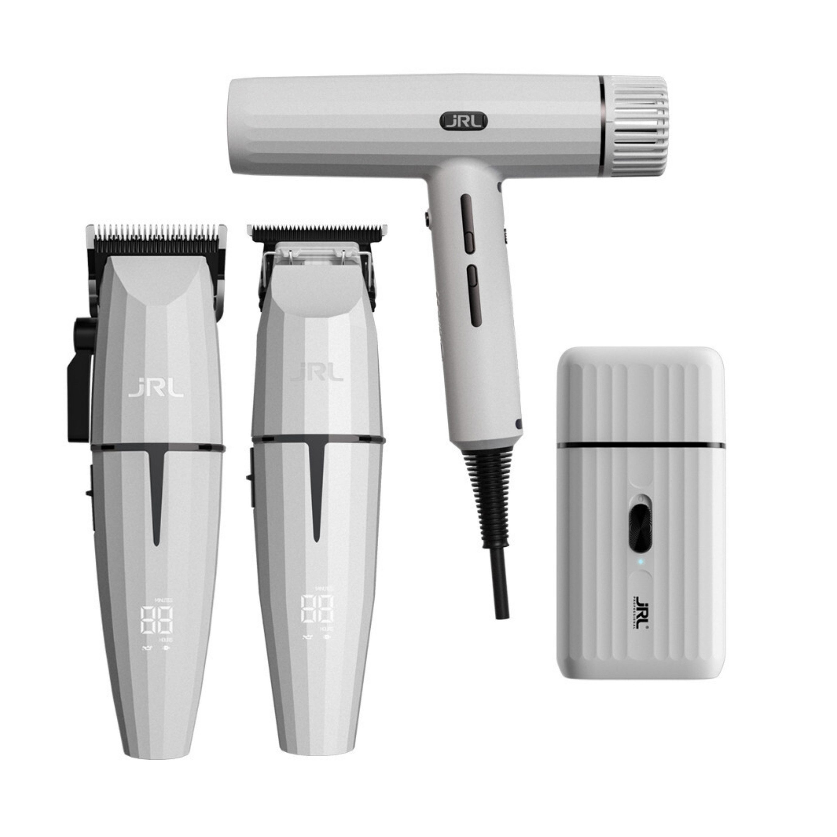 JRL Haarschneider JRL Limitierte Ghost Edition Combo Kit 3, JRL Ghost Edition: Clipper, Trimmer, Shaver und Haartrockner, Weiße Ghost Edition, Profi-Set Clipper+Trimmer+Shaver, 95k U/min