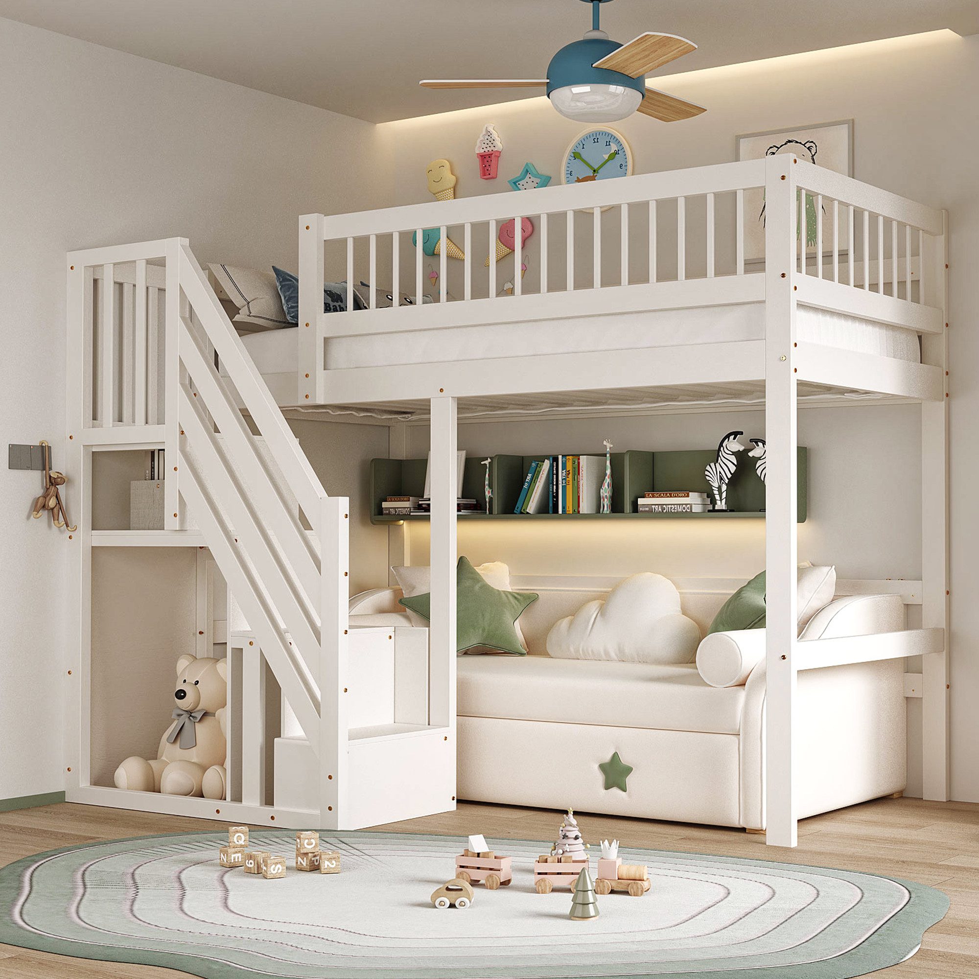 Flieks Hochbett Massivholz Einzelbett Kinderbett 90x200cm mit Stauraumtrepp günstig online kaufen