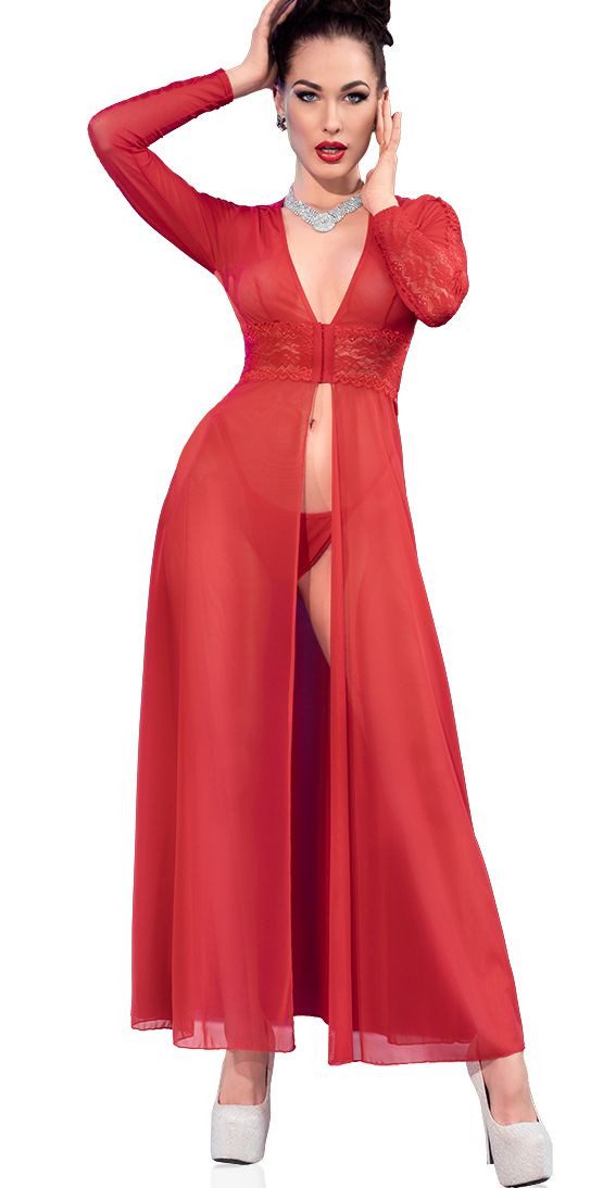 Negligé Damen Dessous langes Kleid Gown Body in rot mit einem Schlitz vorn, Fr