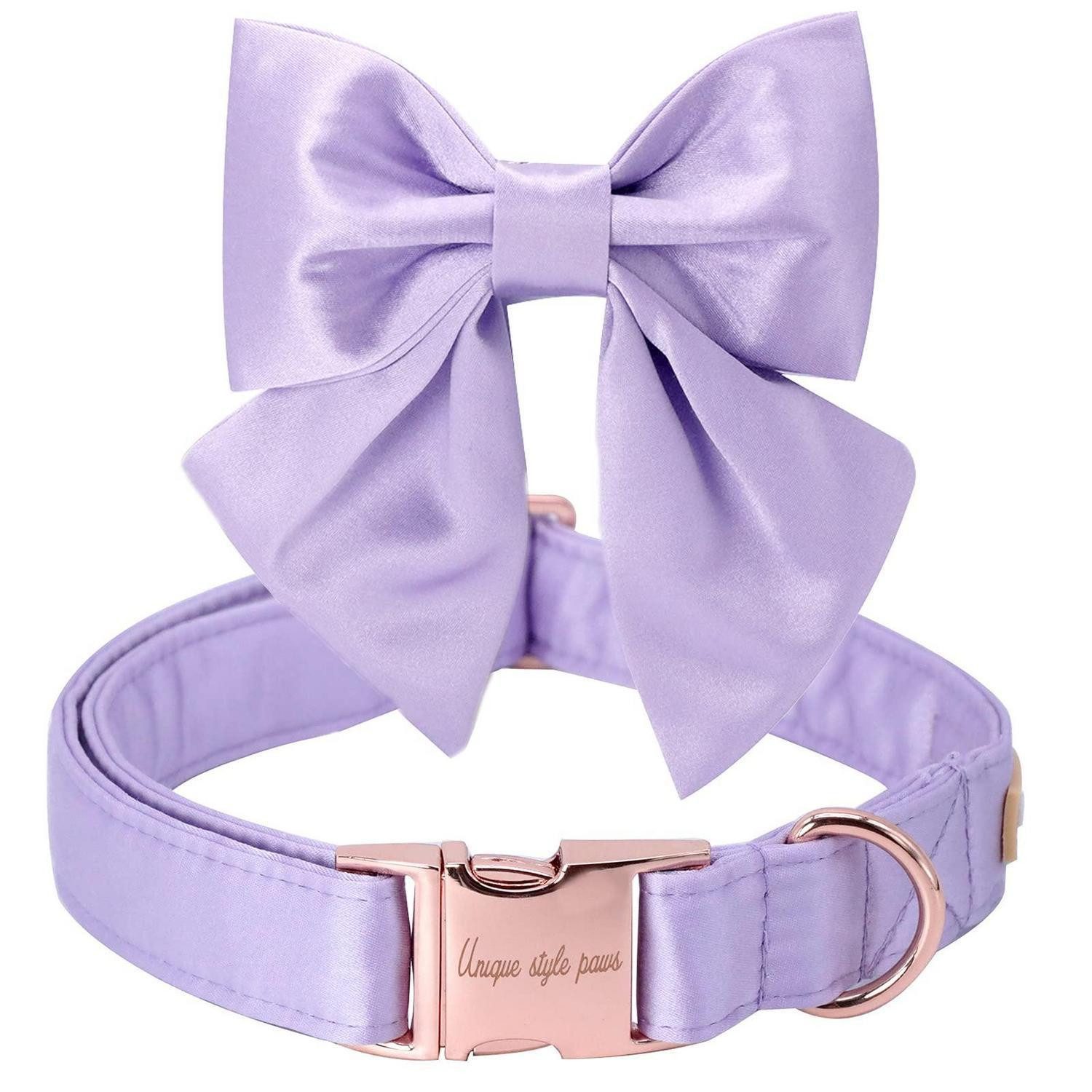 LuxusKollektion Hunde-Halsband Hundehalsband Seide Schleife Champagner/Lavendel XL, Textil