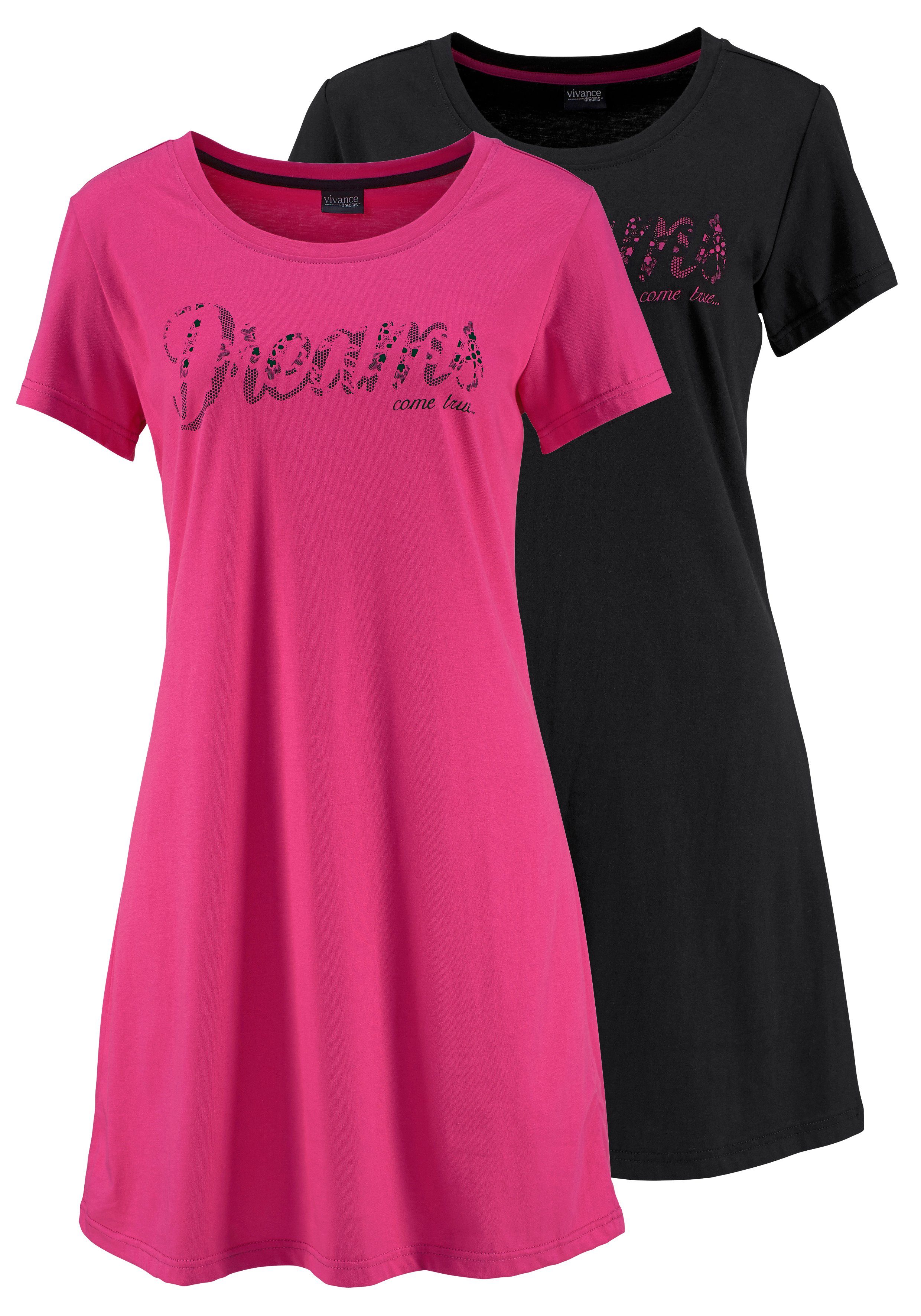 schwarz pink, Dreams Vivance (2er-Pack) Spitzenoptik mit Print Sleepshirt in