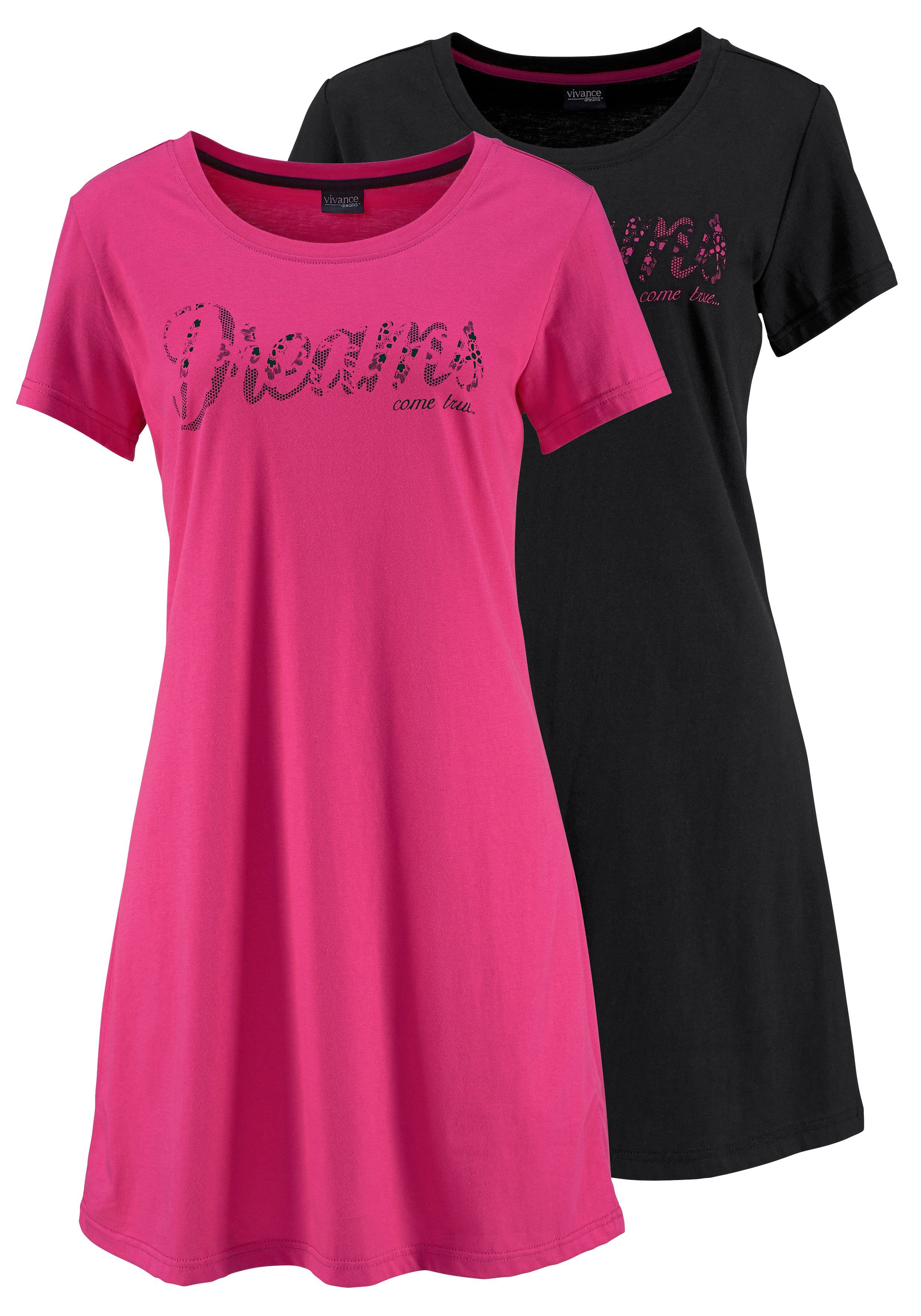 Spitzenoptik (2er-Pack) Print Dreams schwarz Sleepshirt Vivance mit pink, in