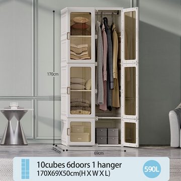 Fangqi Kleiderschrank Kleiderschrank mit transparenten Türen 10 Fächer 6 Türen 1 Aufhängung Leicht faltbar, mitnehmbar, keine Installation, 60kg Super-Tragfähigkeit