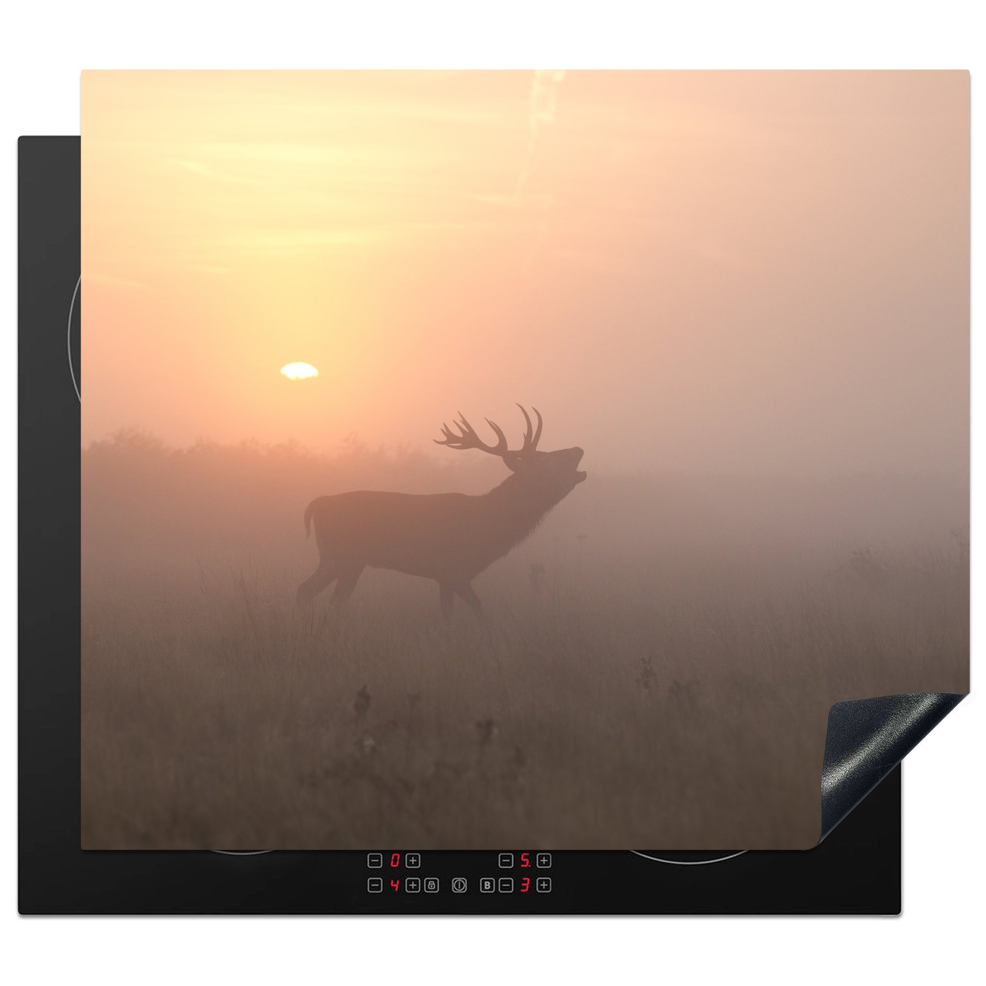 MuchoWow Herdblende-/Abdeckplatte Hirsche - Sonne - Nebel, Vinyl, (1 tlg), 59x52 cm, Ceranfeldabdeckung für die küche, Induktionsmatte