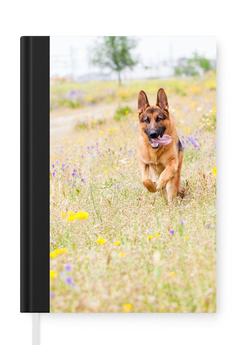 MuchoWow Notizbuch Deutscher Schäferhund spaziert zwischen bunten Blumen, Journal, Merkzettel, Tagebuch, Notizheft, A5, 98 Seiten, Haushaltsbuch | Notizbücher