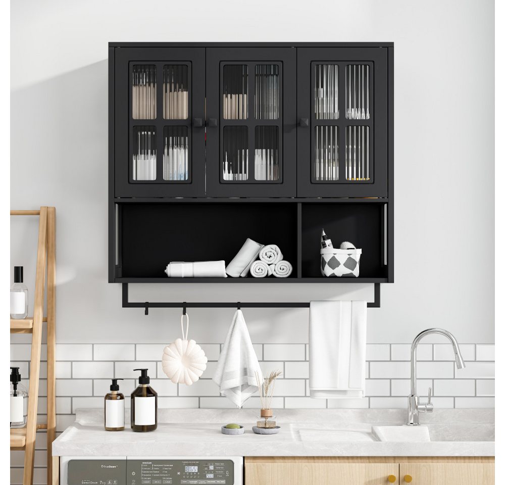 BBWL Hängeschrank mit 3 Türen, Glasfront, Handtuchhalter & Stauraum, moderner Badezimmer Wandschrank, Hängeschrank für Bad Wohnzimmer