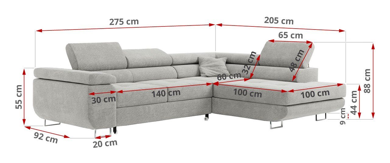 und mit Ecksofa Schlaffunktion L-Form, MKS Grau Wohnlandschaft GUSTAW-L, Bettkasten, Matana MÖBEL