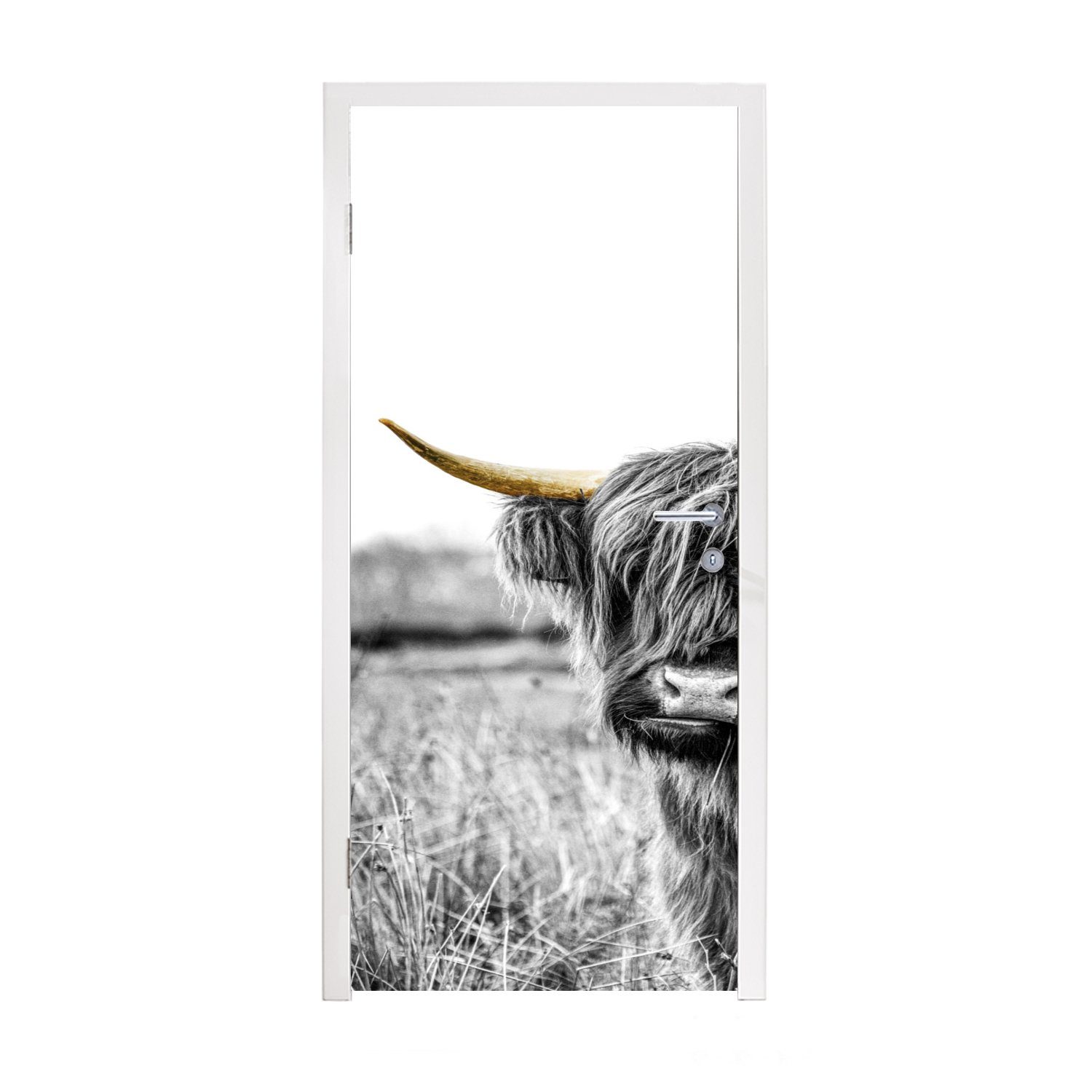 MuchoWow Türtapete Schottischer Highlander - Horn - Gold, Matt, bedruckt, (1 St), Selbstklebende Tapete, Folie für Möbel, 75x205 cm