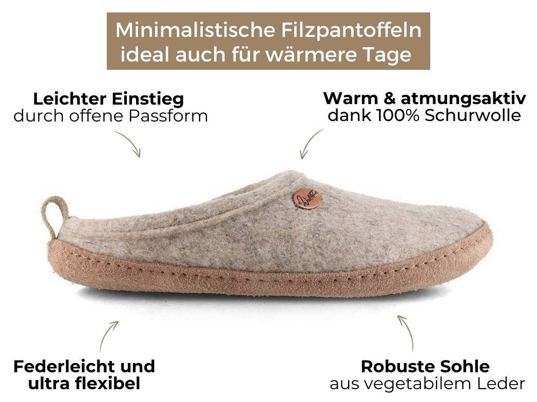 WoolFit Puschen 'Tundra' aus 100% Wolle Hausschuh mit vegetabiler Ledersohle
