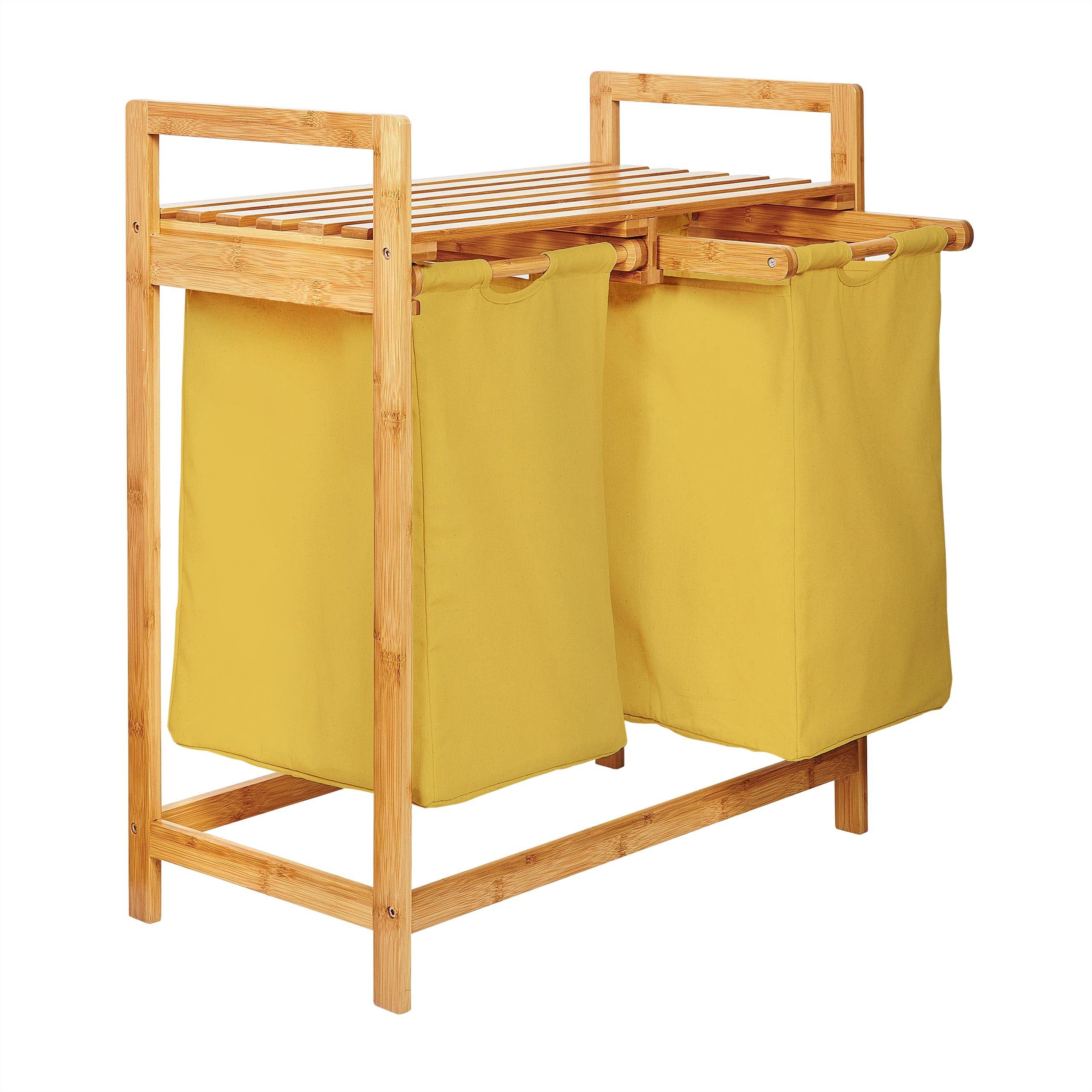 Lumaland Ausziehwäschekorb Bambus Wäschekorb – 2 Wäschesäcke – 73x64x33cm (Sitzbank + Wäschekorb), stabiler Wäschesammler mit Deckel