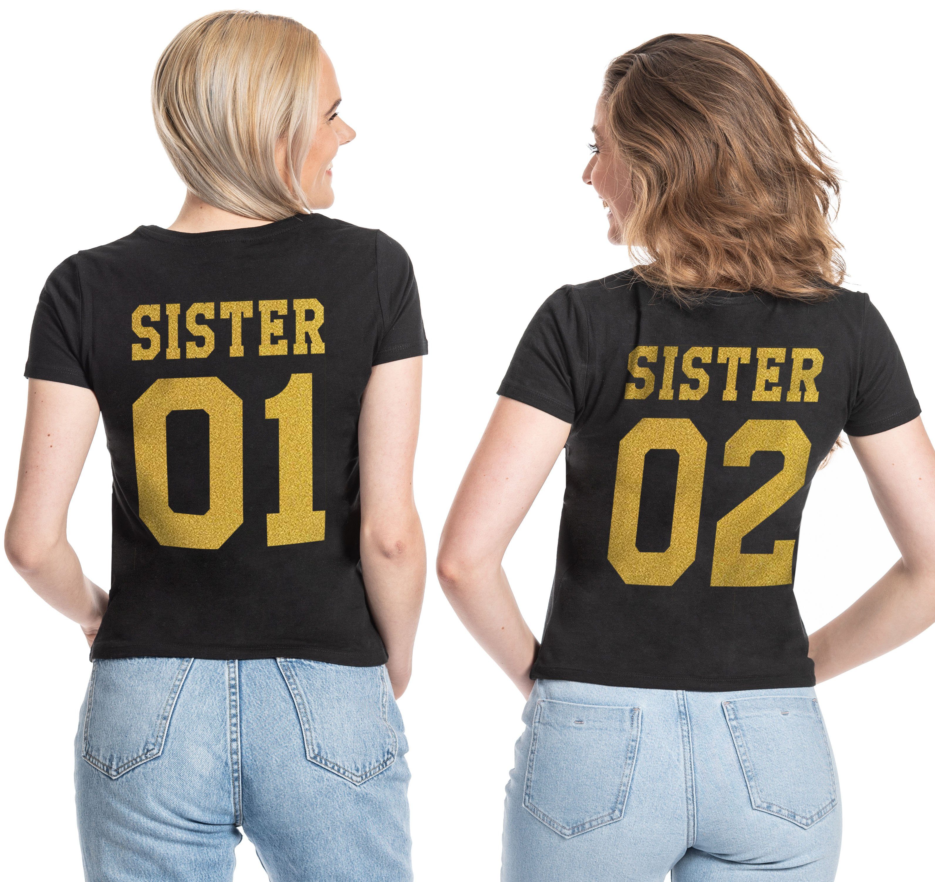 Couples Shop T-Shirt Sister 01 & Sister 02 Beste Freunde Damen Shirt mit modischem Print