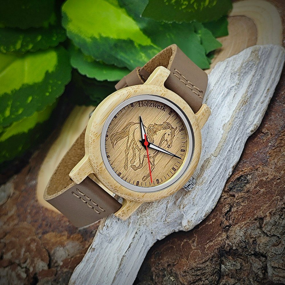 Holzwerk Quarzuhr LIL TORI BROWN Kinder Leder & Holz Armband Uhr mit Pferd Motiv, braun