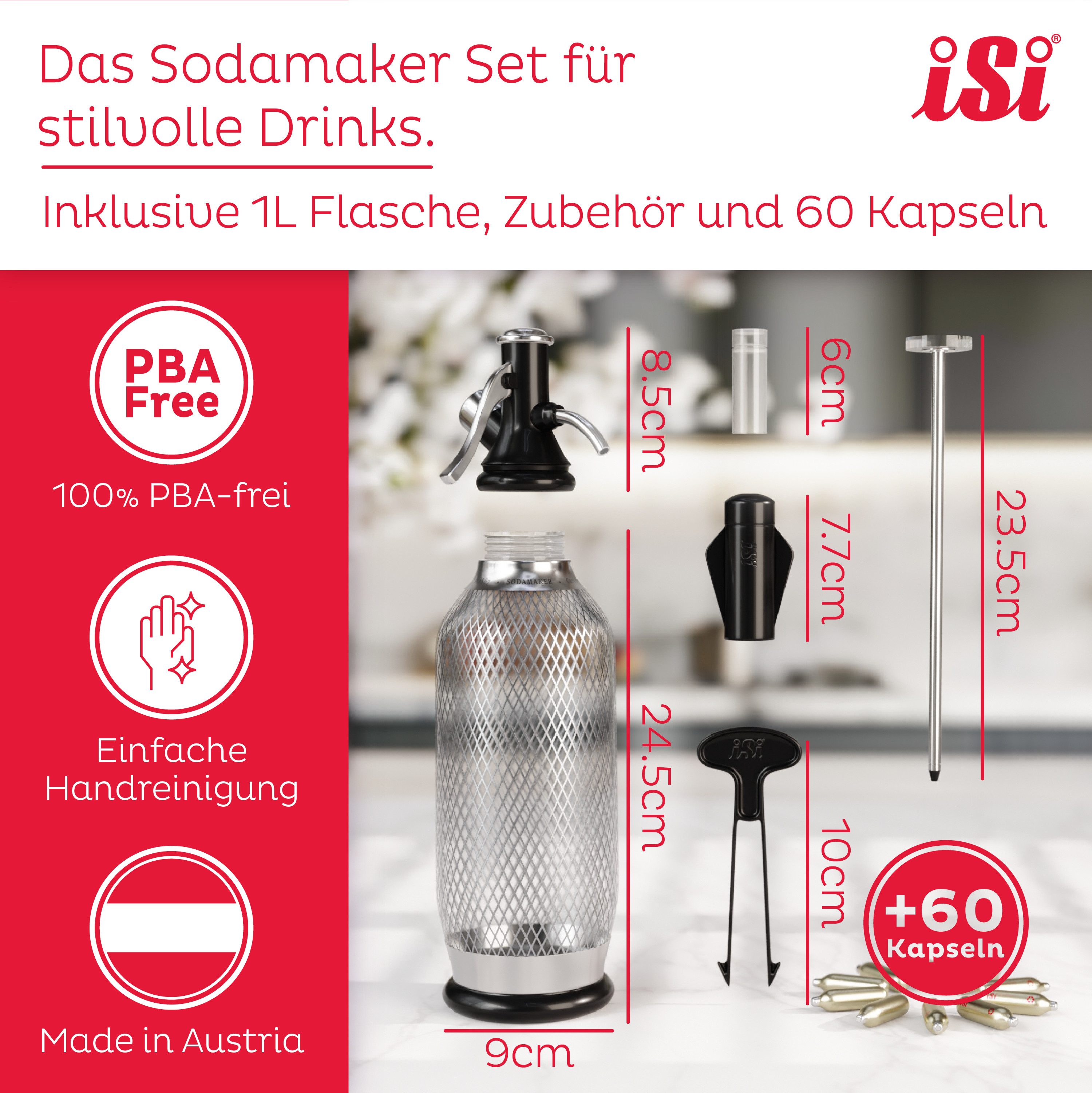iSi Wassersprudler Soda Maker Classic + 60 Soda Chargers, (1 Soda Maker Classic, 60 Soda Charger), Vintage Wassersprudler Set, BPA-Frei, Mit 60 Soda Chargers