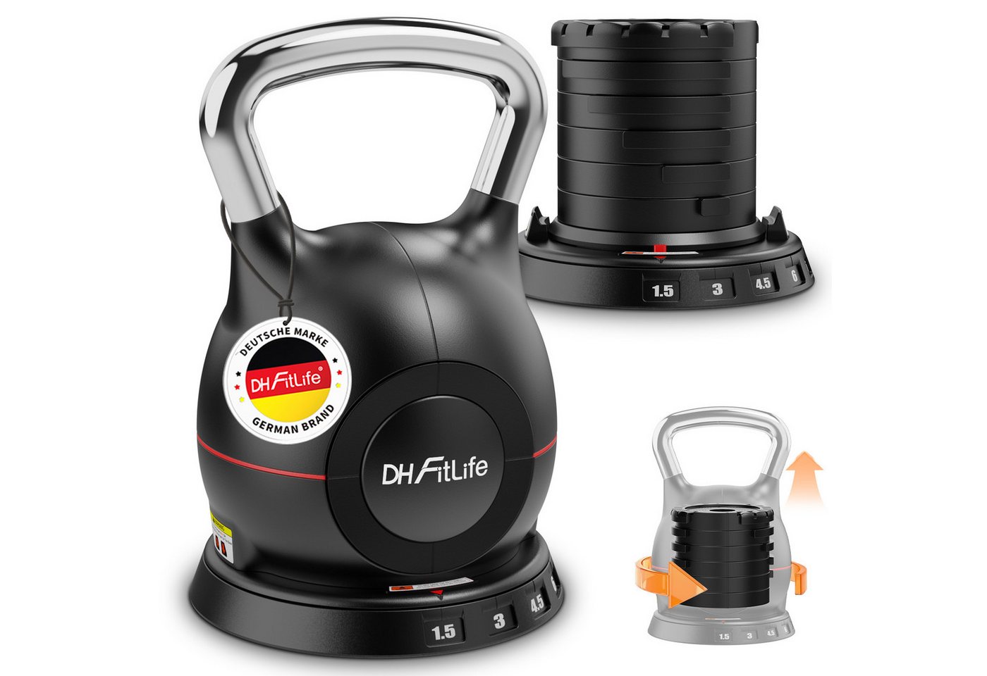 DH FitLife Kettlebell 7-in-1 Verstellbare Kugelhantel, (Set, 1.5–10kg), 7 Gewichtsstufen, Kompakt & Platzsparend