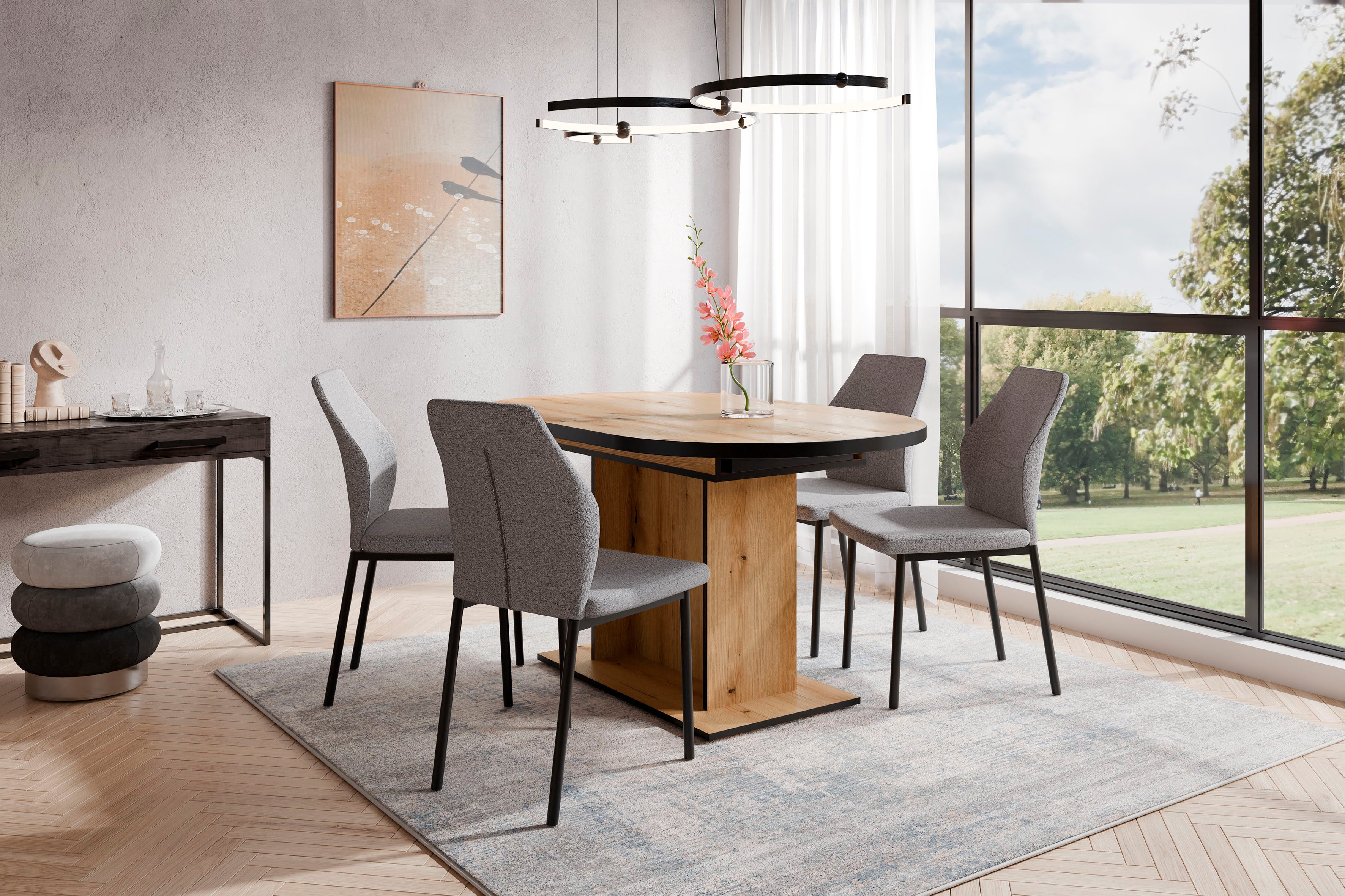 OTTO home Essgruppe Basel, Tischgruppe mit 4 Stühlen, Esstisch ausziehbar 140 - 180 cm, (Set, 5-tlg., Otto's DAUERTIEFPREIS), BESTSELLER, Sitzgruppe, Tisch, Stühle, ovale Tischplatte, Säulentisch