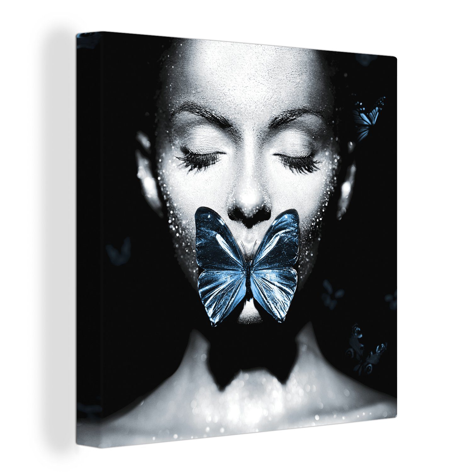 OneMillionCanvasses® Leinwandbild Frau - Schmetterling - Schwarz - Weiß, (1 St), Leinwand Bilder für Wohnzimmer Schlafzimmer