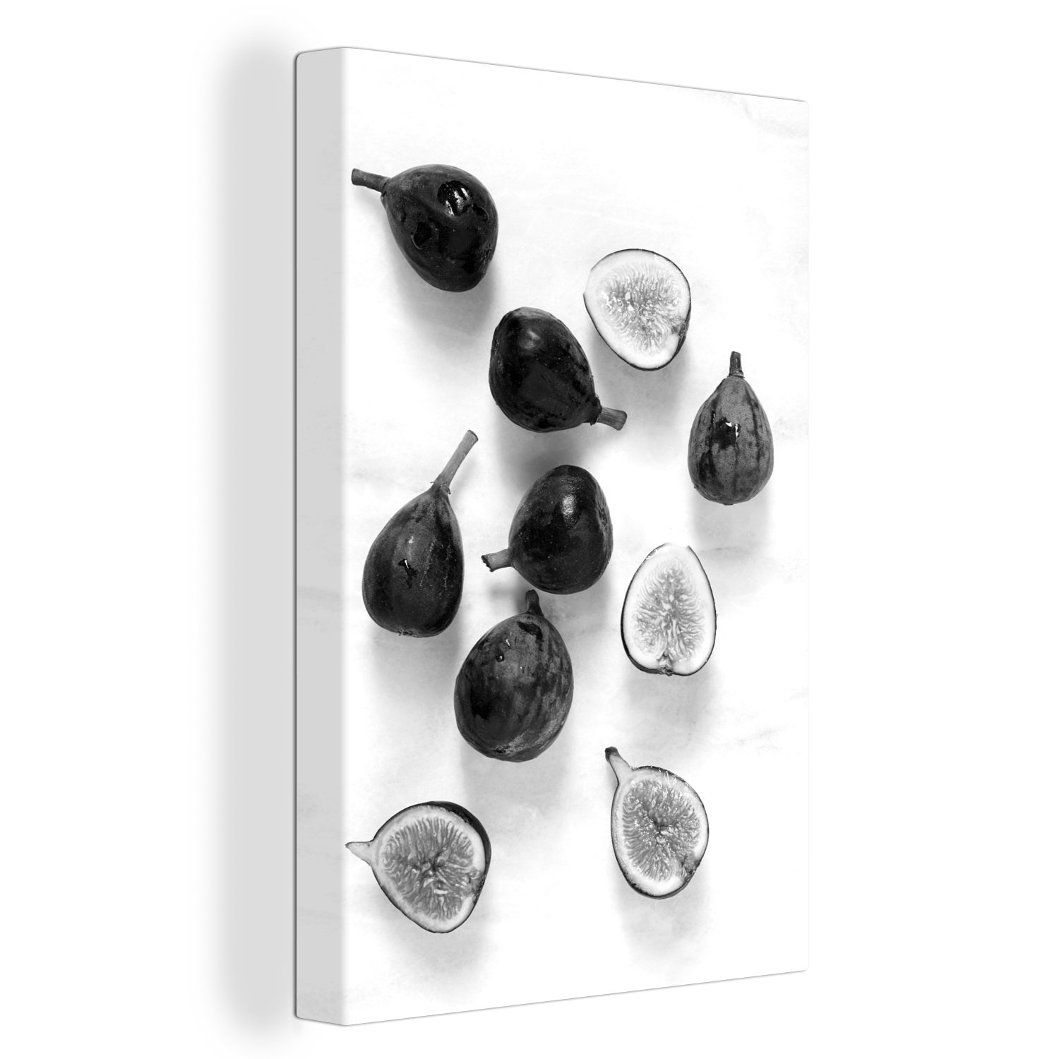 OneMillionCanvasses® Leinwandbild Feigen auf einem Marmortisch - schwarz und weiß, (1 St), Leinwandbild fertig bespannt inkl. Zackenaufhänger, Gemälde, 20x30 cm