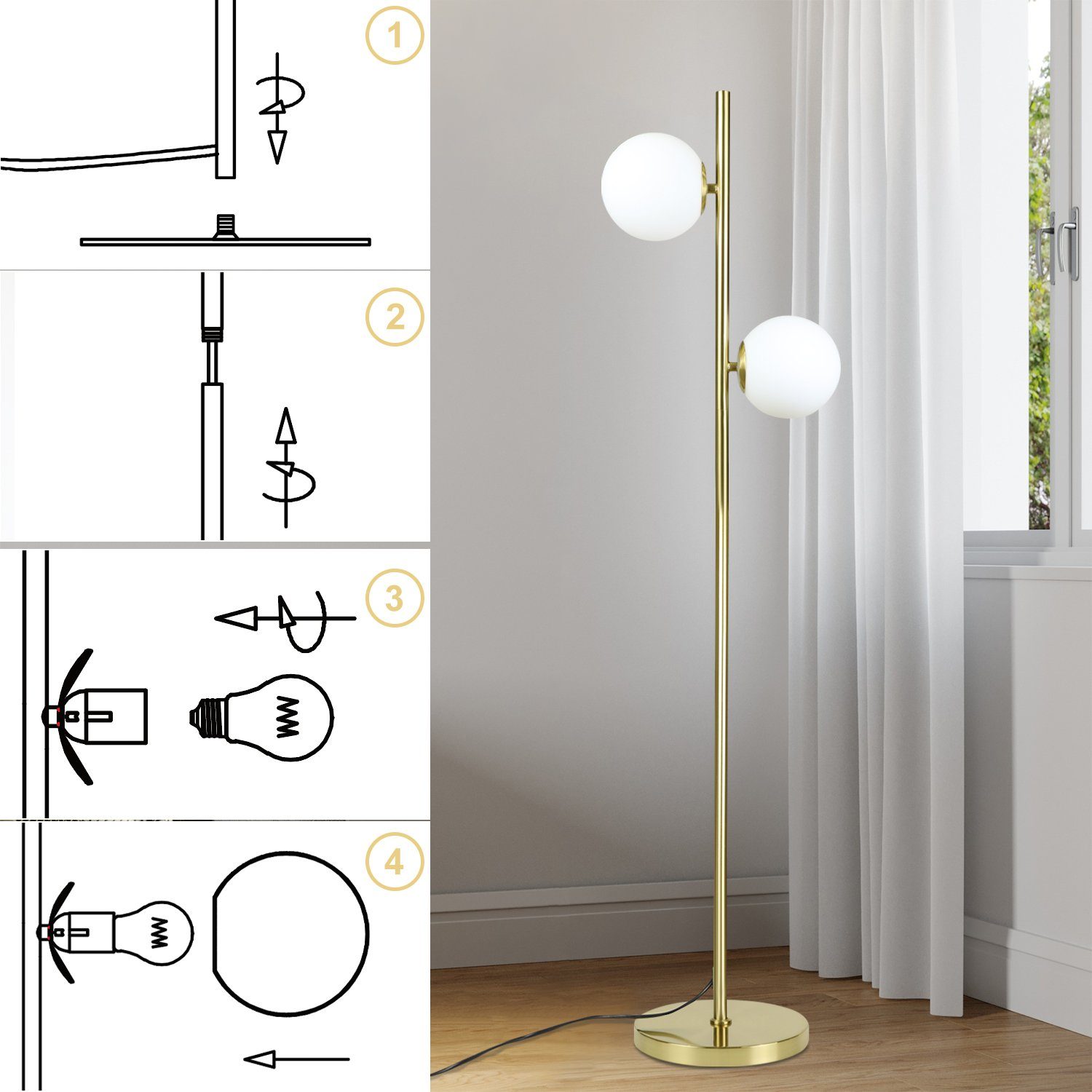 ZMH LED Stehlampe Gold 2-Flammmig Wohnzimmerlampe E27 Fassung Retro Schlafzimmer Flur, Einfache Installation, ohne Leuchtmittel, Warmweiß, 166cm Whonzimmerlampe