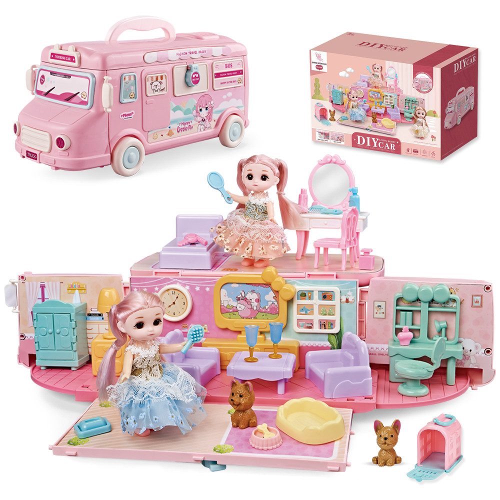 DINO SONO Puppenwohnwagen Campingwagen Spielzeug mit Wohn- und Schlafzimmer günstig online kaufen