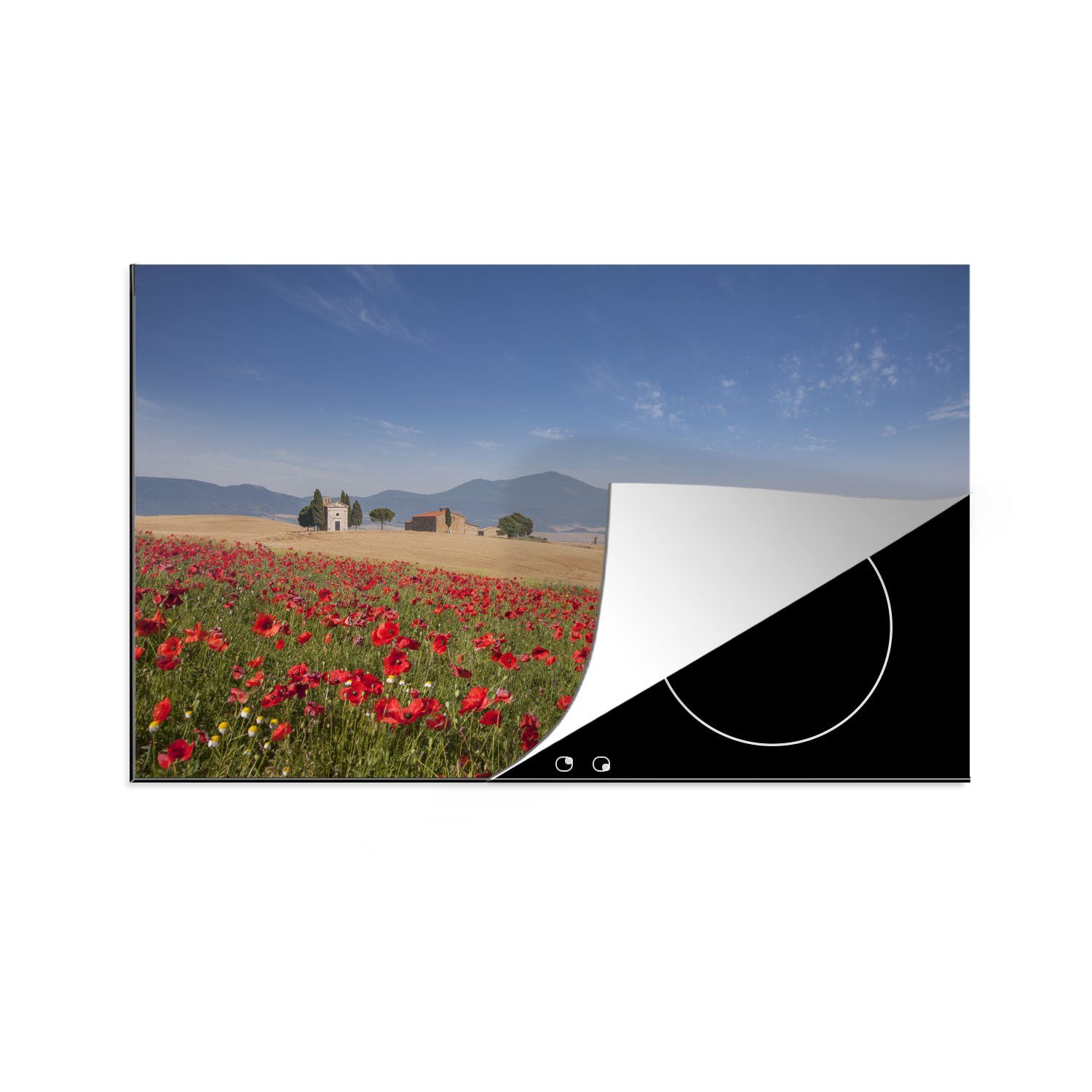 MuchoWow Herdblende-/Abdeckplatte Blumenwiese - Rosen - Häuser, Vinyl, (1 tlg), 83x51 cm, Ceranfeldabdeckung, Arbeitsplatte für küche