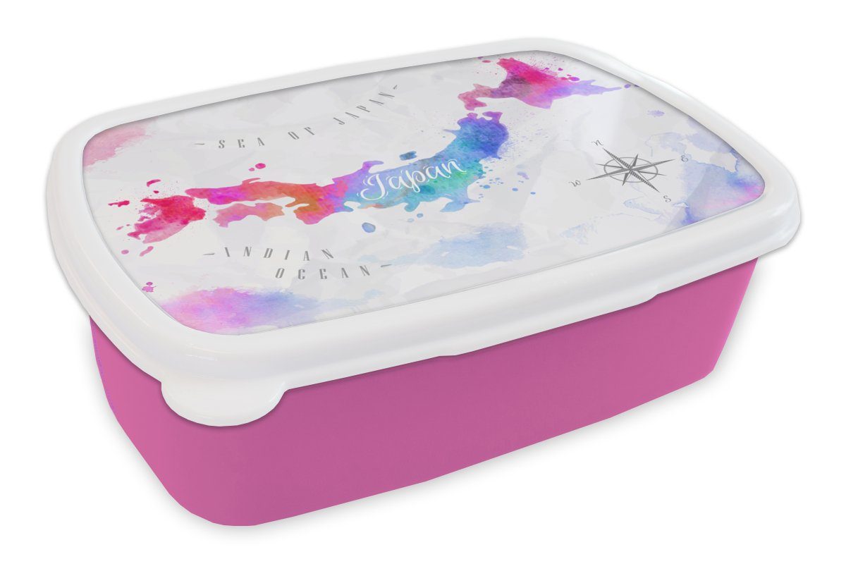 MuchoWow Lunchbox Weltkarte - Farben - Japan, Kunststoff, (2-tlg), Brotbox für Erwachsene, Brotdose Kinder, Snackbox, Mädchen, Kunststoff rosa