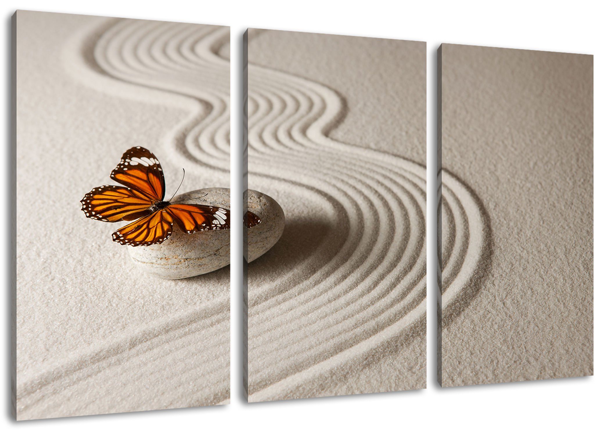 Zackenaufhänger Zen Pixxprint 3Teiler inkl. Schmetterling Zen (1 Leinwandbild St), (120x80cm) bespannt, Leinwandbild fertig Schmetterling,