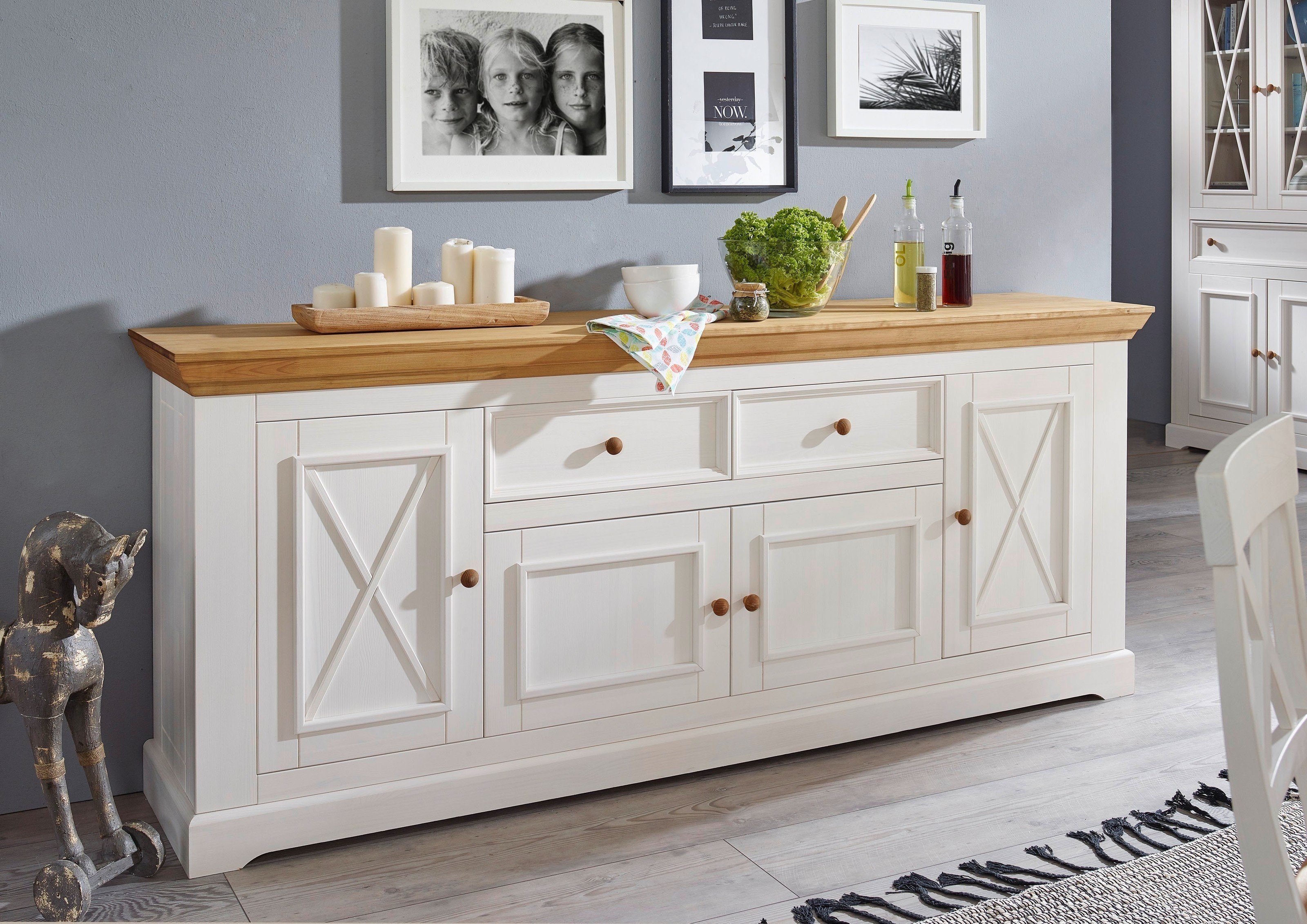 Lebenswert Sideboard WZ-0133, aus Kiefer massiv in weiß mit einer Schublade und 4 Türen