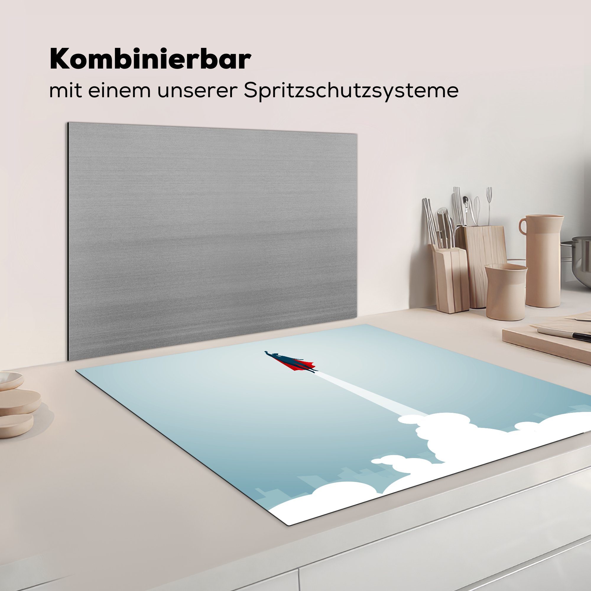 cm, Kleiner, Eine Arbeitsplatte 78x78 küche in - tlg), Superhelden den - (1 eines Illustration Vinyl, Wolken Jungen Ceranfeldabdeckung, Herdblende-/Abdeckplatte für MuchoWow