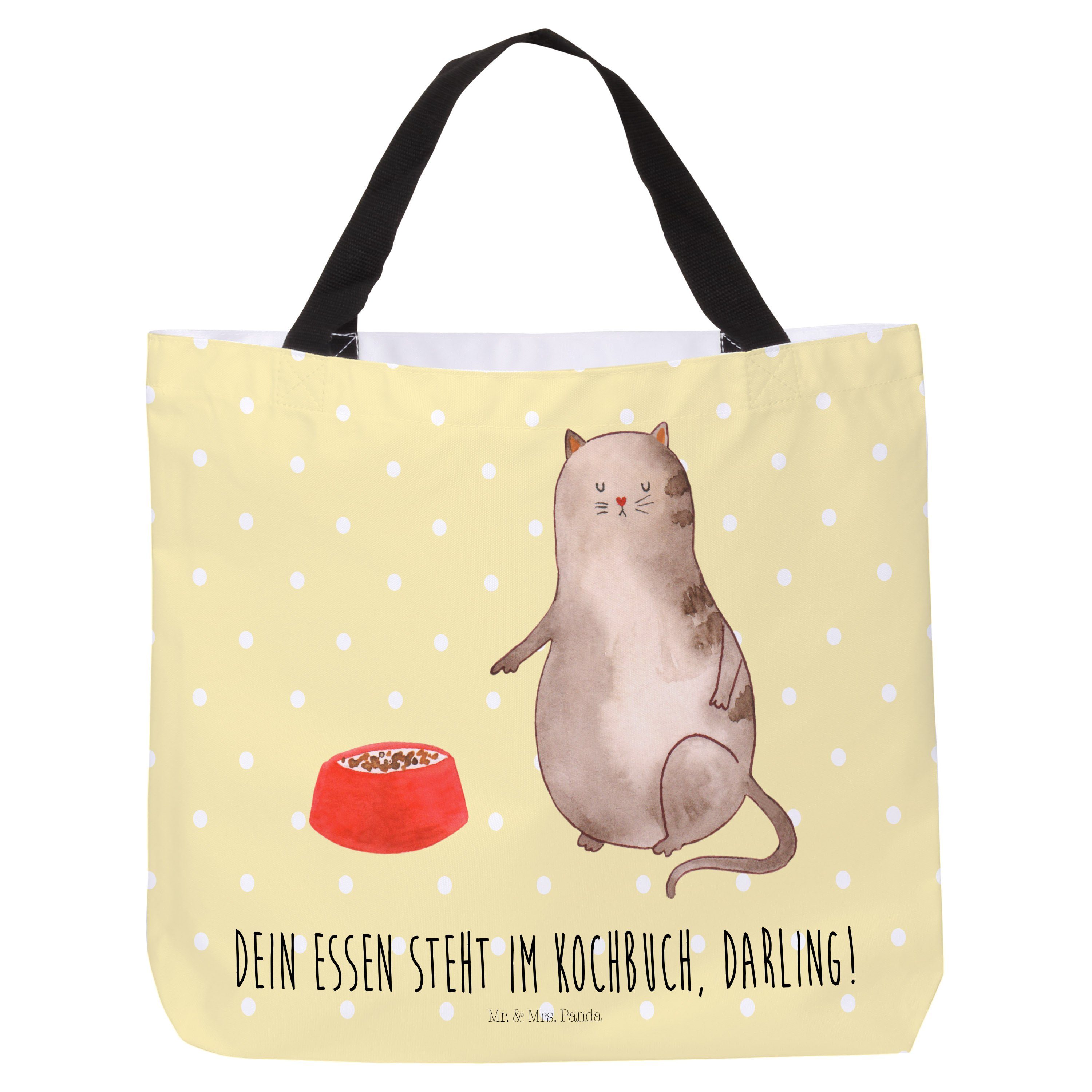 Mr. & Mrs. Panda Shopper Katze fressen - Gelb Pastell - Geschenk, Schultasche, Einkaufstasche, (1-tlg) | Shopper