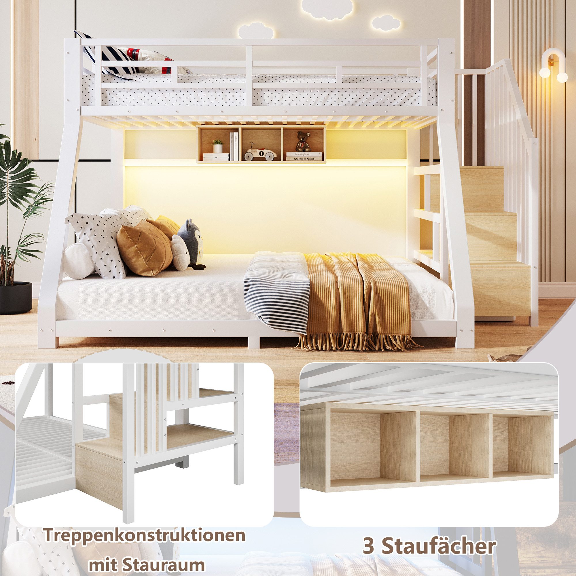 MODFU Etagenbett Jugendbett mit LED-Lichtleisten, Treppe mit Stauraum, Metallbett (Metallbett mit 3 Ablagefächern, Sicherheitsgeländer, 90x200 & 140x200 cm Funktionsbett), ohne Matratze