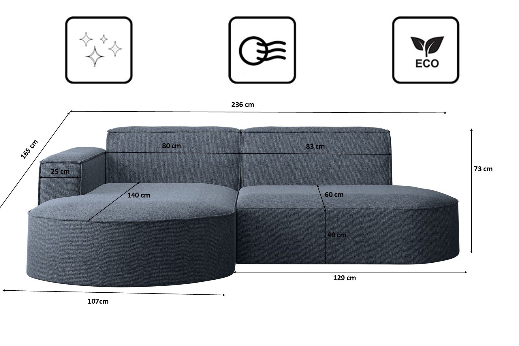 Kaiser Möbel Ecksofa Designer MODENA STUDIO L stoff Verita, Ecksofa, Cord Sofa, L-Form, Links/Rechts wählbar
