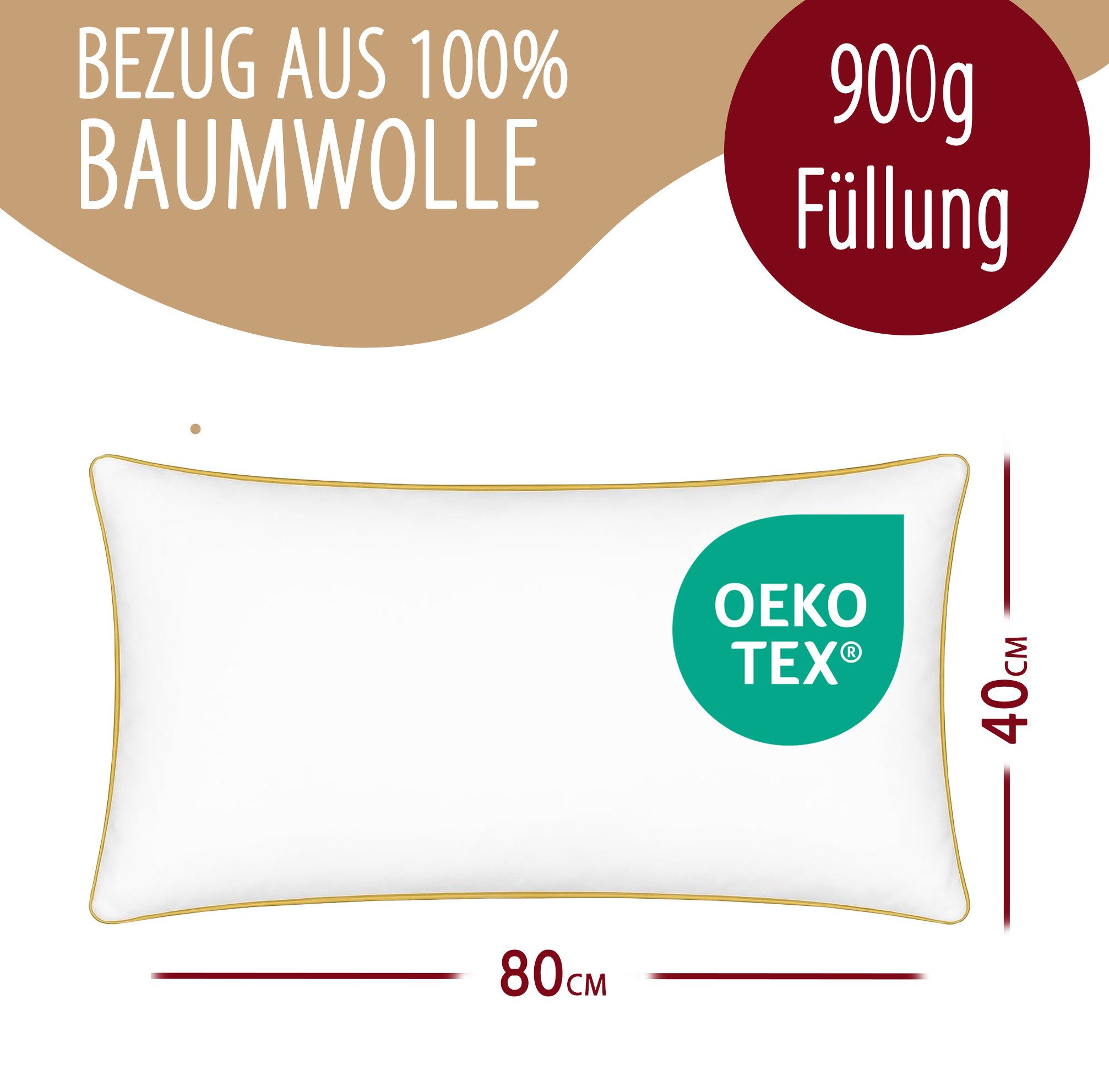 EVAN BROWNS Federkopfkissen waschbar bei 60°C, trocknergeeignet Stufe 1, Downpass & Nomite zertifi, Füllung: Federn, Seitenschläfer, Bauchschläfer, Rückenschläfer, 80x40 cm, 100 % weiße Federn, kühlend & atmungsaktiv